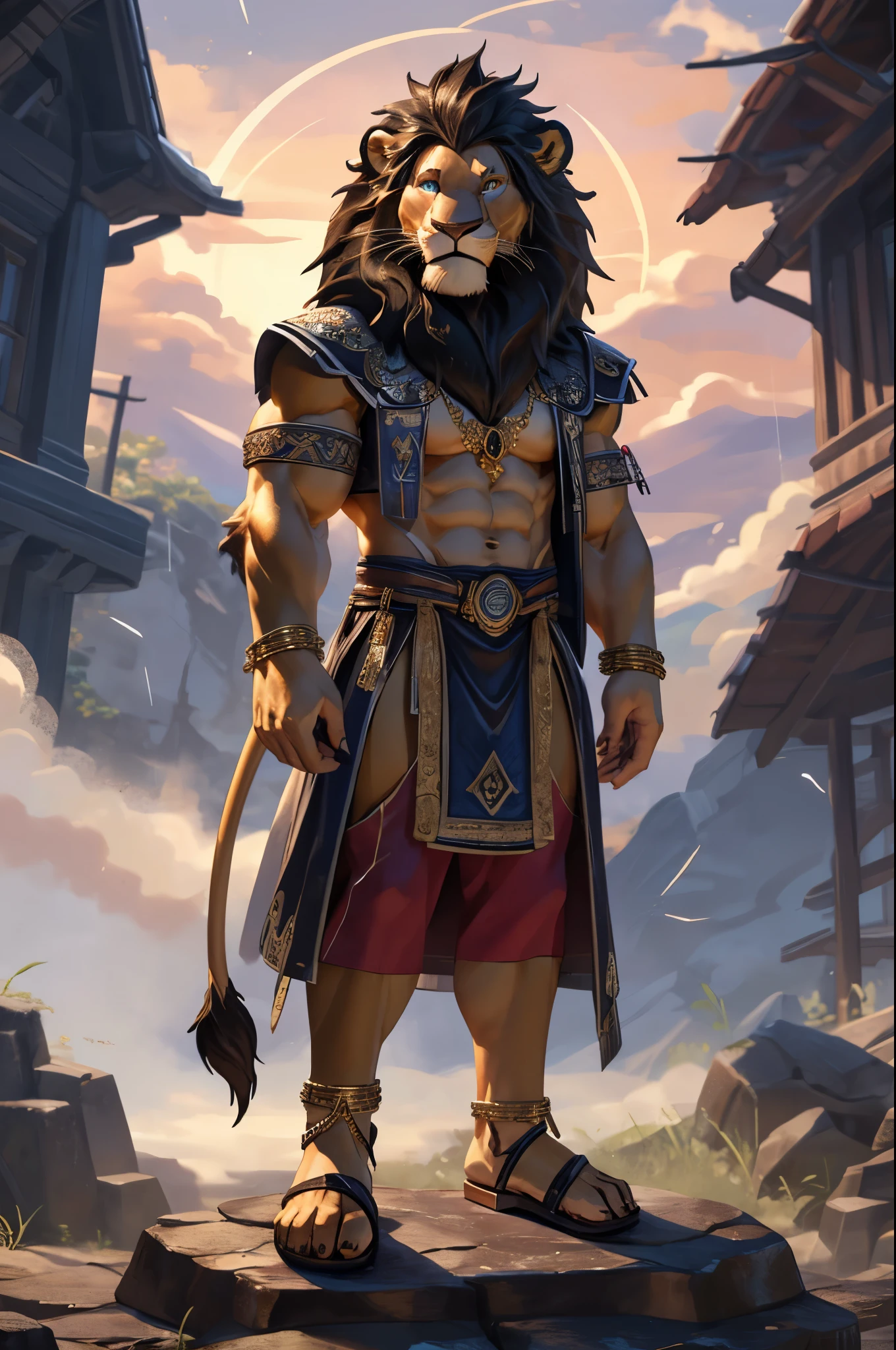 (((Barefoot furry character, full body, cinematic setting, furry male, plantigrade, wearing leather sandals, wearing wide silver anklets))) (Zeus - King of the Gods) depicted as a majestic (((lion))) anthro with a muscular build, golden fur, and piercing blue eyes. He wears a regal white toga draped over one shoulder, adorned with thunderbolt motifs. Zeus stands barefoot atop Mount Olympus, with storm clouds gathering in the background, accompanied by flashes of lightning and crashing thunder. ((His attribute, the thunderbolt)) rests beside him, crackling with power. BREAK, detailed background, 8K, (masterpiece:1.5), intricate details, highly detailed, extreme detail, octane render, fine art, best quality, highres, (detailed face:1.5), ((full_body)), UHD, (((perfect hands))), low light