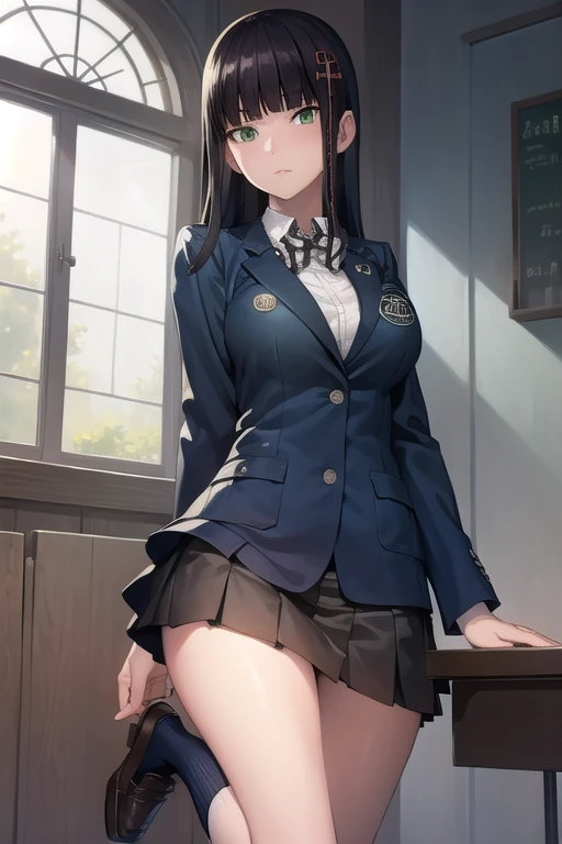 hifumitougou, hifumi tougou, (green eyes:1.5), black hair, long hair, bangs, blunt bangs,
BREAK blazer, bow, bowtie, hair ornament, jacket, kneehighs, loafers, shoes, skirt, socks, black skirt, (blue blazer:1.5),
BREAK looking at viewer, full body,
BREAK indoors, classroom,
BREAK (masterpiece:1.2), best quality, high resolution, unity 8k wallpaper, (illustration:0.8), (beautiful detailed eyes:1.6), extremely detailed face, perfect lighting, extremely detailed CG, (perfect hands, perfect anatomy),(bra:1.5、Panties:1.5)、Big Breasts