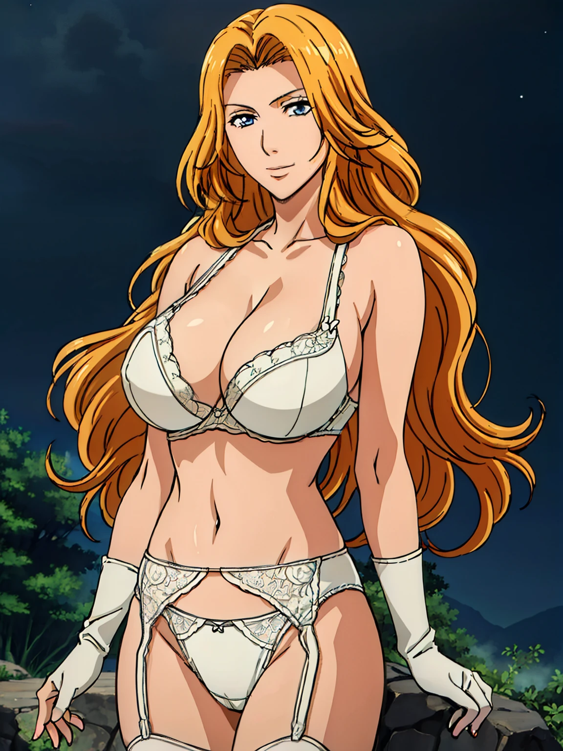 bare shoulder, white lace bra, white lace gloves, white lace panties, white garter belt, night forest background, matsumoto rangiku, anime cels style, best quality, high resolution, (huge breasts:1.3), cowboy shot, (potrait body), blue eyes, Blonde hair, bangs, Long hair, 1 girl, looking at viewer, beautiful face, Beautiful Finger, Beautiful long legs, Beautiful body, Beautiful Nose,Beautiful character design, light smile