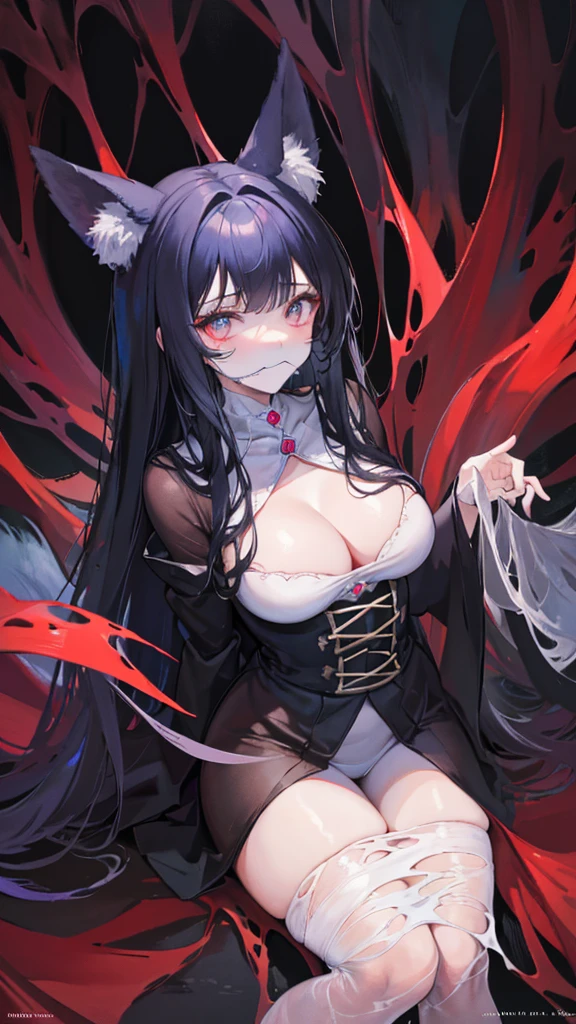 Fox ears,From the ceiling, Dim Lights, Dark atmosphere, Oil painting style, Vibrant colors, Passionate. (best quality, high resolution, Super detailed, actual:1.2), net, Trapped, Exquisite facial features, Black long hair,fear in her eyes. Cover the whole body,(gag:1.4),