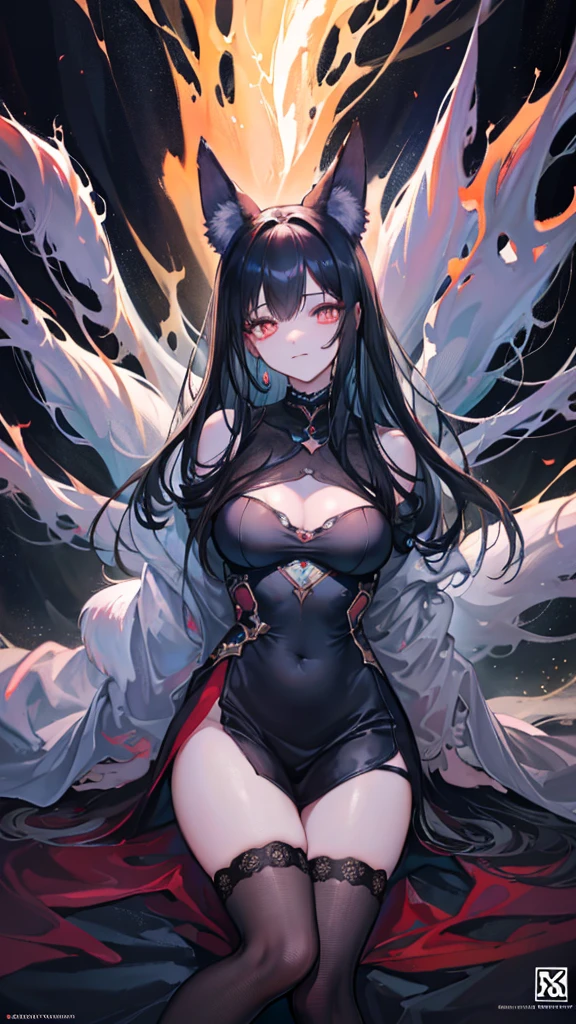 Fox ears,From the ceiling, Dim Lights, Dark atmosphere, Oil painting style, Vibrant colors, Passionate. (best quality, high resolution, Super detailed, actual:1.2), net, Trapped, Exquisite facial features, Black long hair,fear in her eyes. Cover the whole body,(gag:1.4),