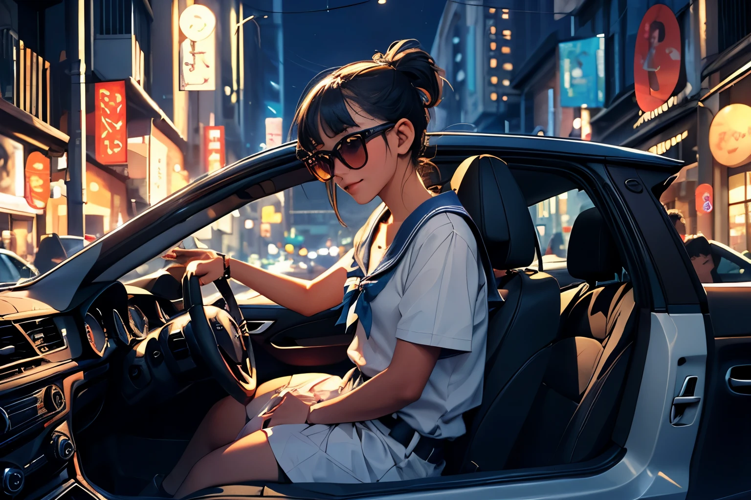 (at night),(Two persons),(girl and youngman),(two people in a car), (a foreign car), In a busy downtown area at night, while passersby are bustling about, a middle school girl in a sailor uniform is riding in a foreign car driven by a man wearing sunglasses and an Hawaiian shirt, sticking her head out of the passenger seat and looking out at the street.