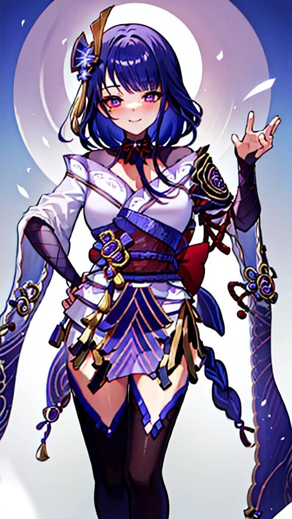 ((Masterpiece)), ((HD,)), ((aesthetic)), 《Raiden Shogun》, 《Genshin Impact》, cute face, blushing, smile, sexy pose, look at the left