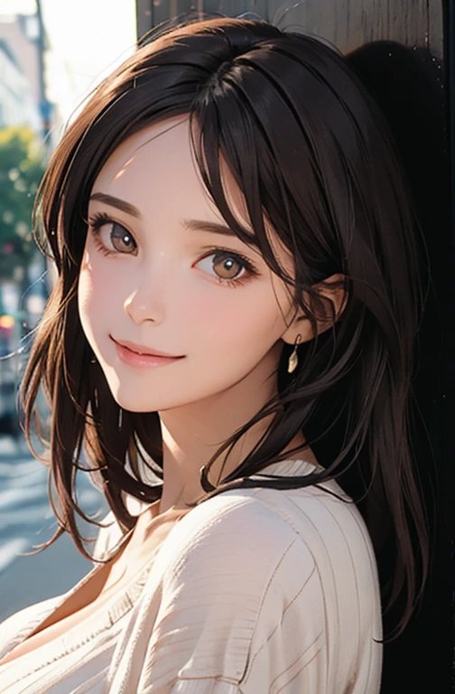 young woman , golden eyes ,smile, color sweater , huge breast ,photo, realistic , (emphasize detailed face:1.2), v-neck, 
