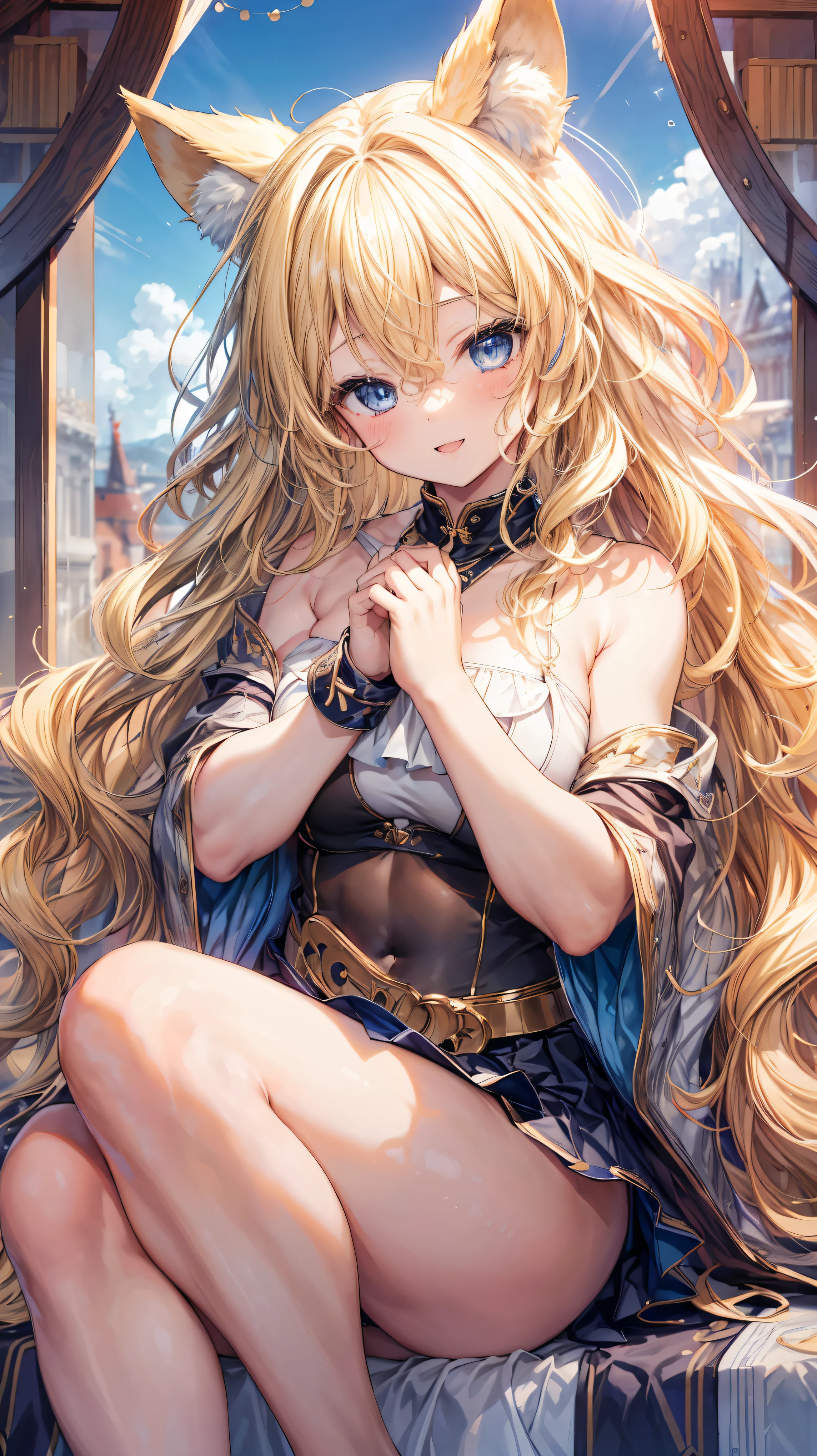 Very detailed、highest quality、Best image quality、masterpiece、8k、Anime Face、A kind smile、Open your mouth、Sparkling blue eyes、(Blonde wavy hair:1.5)、、Muscles of the whole body、Hands on hipini skirt、camisole、Thigh belt