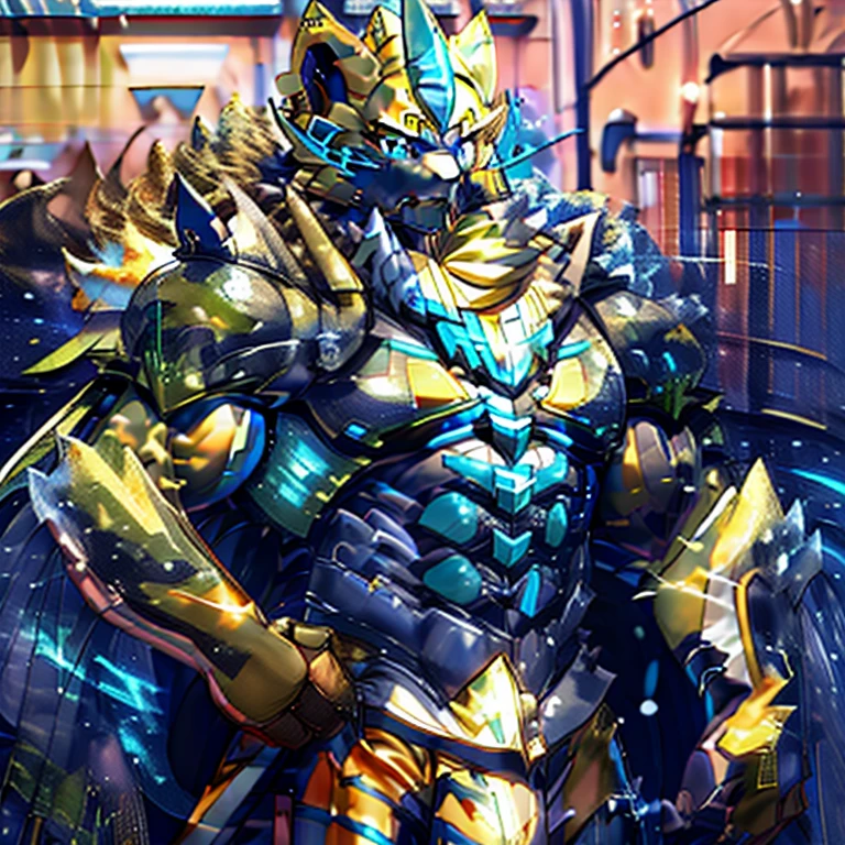 (masterpiece, best quality, detailed:1.2) (Pokémon) detailed full body, Zeraora's giant robot. Gigantic ZERAORA, GIANT. Protecting Zeraora's design and color scheme. scarf, A Zeraora at the bodybuilding competition, thunderstorm, rainy weather, lightning wears a black cloak on his back. Muscles are expanding. whole body shines like metal. Wearing cyberpunk mecha, emphasizes the muscles. He wears the same armor as himself from head to foot. (emphasizes the muscles.) suit fully made of metal, intricate armor, Robotic suit, suit fully made of metal, cyborg, big muscle. pecs, triceps, body full of huge muscles. unusually developed muscular body, A Zeraora at the bodybuilding competition, massive, huge muscular bodybuilder with extraordinary biceps, pecs, triceps, traps, gigachad, 300 lbs. The claws are sharp, Sharp teeth, with huge golden laser sword, It's big inside my panties, Armor,
Cape,
Helmet,
Sword,rd,