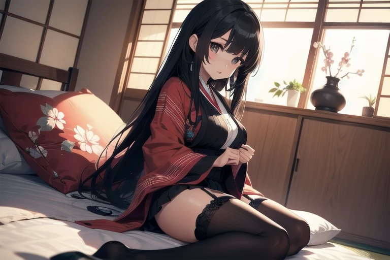 1girl, anime, black eyes, long black hair with square bangs, very long black hair, super long black hair, skirt and stockings, (((stockings))), heels, black Japanese style kimono mixed with ribbed black sweater with red accents and sakura floral design, ((ribbed black sweater)) adult, (Japanese shoji panel walls and tatami flooring indoors), kimono sleeves, garter, graceful, (sitting on bed), POV view, 1st person view, close, POV, pillow, (bed), (((futon)))