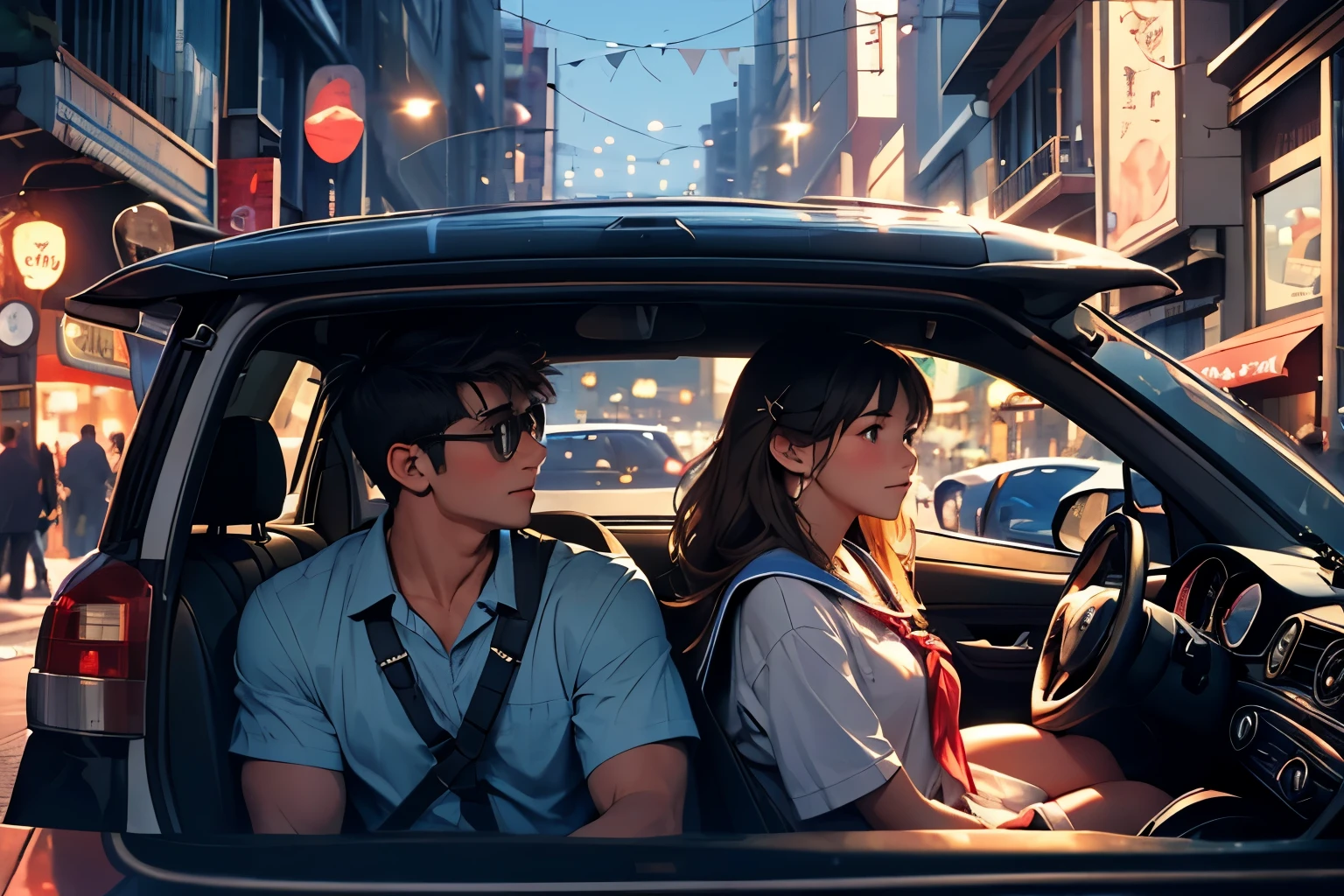 (at night),(Two persons),(girl and youngman),(two people in a car), (a foreign car), In a busy downtown area at night, while passersby are bustling about, a middle school girl in a sailor uniform is riding in a foreign car driven by a man wearing sunglasses and an Hawaiian shirt, sticking her head out of the passenger seat and looking out at the street.