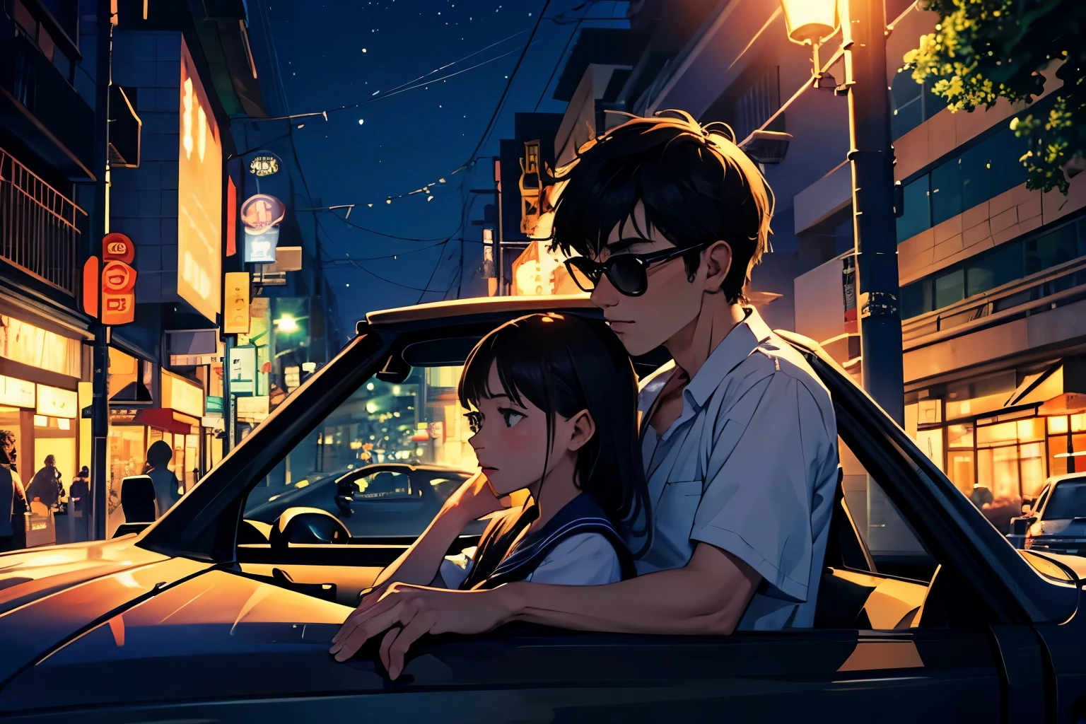 (at night),(Two persons),(girl and youngman),(two people in a car), (a foreign car), In a busy downtown area at night, while passersby are bustling about, a  girl in a sailor uniform is riding in a foreign car driven by a man wearing sunglasses and an Hawaiian shirt, sticking her head out of the passenger seat and looking out at the street. 