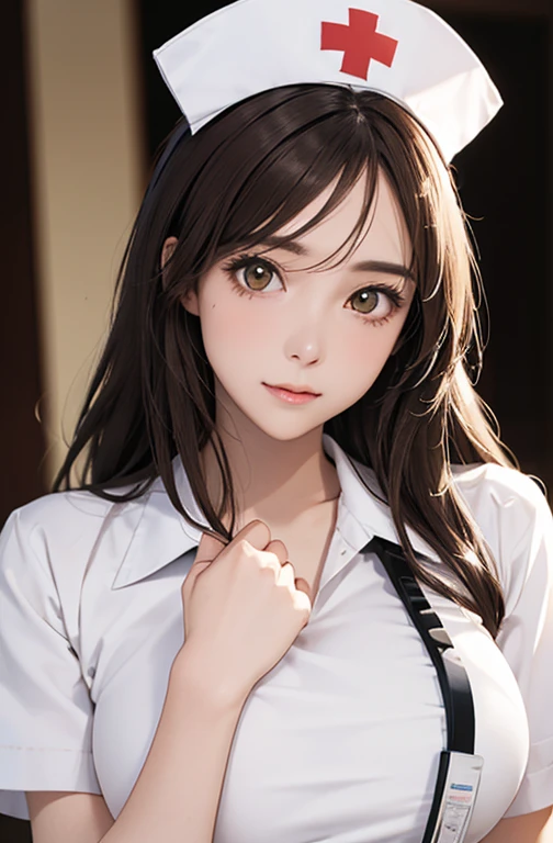 Nurse , in hospital , detailed hand , high quality, super quality, detailed face, beautiful woman , golden eyes, long hair , mega breast, wearing white nurse costume , nurse cap, sharpe eyebrow , (brown hair:1.4)