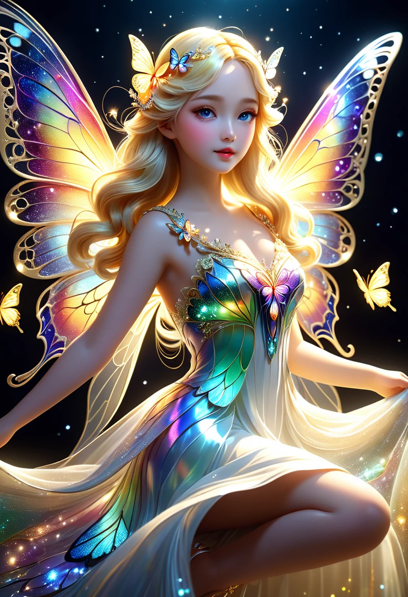 暗闇の中を羽ばたくbutterfly々Shine、As beautiful as a dream、It touches my heart.、８Old angel girl、Beautiful face in every detail、whole body、White skin、Greek style white dress、blonde、Big cute eyes.,Cute、butterfly々:Iridescent:Seven Colors:Illumination:Shine,Dark Background,flash,とてもflash,masterpiece,最高masterpiece,Best Composition,Beautiful sight,dream-like,優しくShinebutterfly々,gracefully,rendering,Unreal Engine,Zentralg Elements,Intricate details,gracefully描く,With great care,Particles of light:Shine鱗,butterflyの羽ばたきの軌跡がShine,Rich colors,colorful,Anatomically correct,Beautiful light and shadow,Mysterious,Fantasy,Fantasy,Digital Art