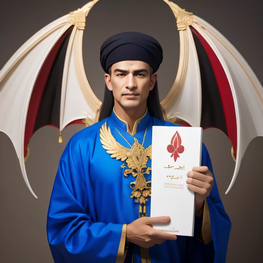 An Alafiid man holds a large white number 3 in front of a gray background, dragon,