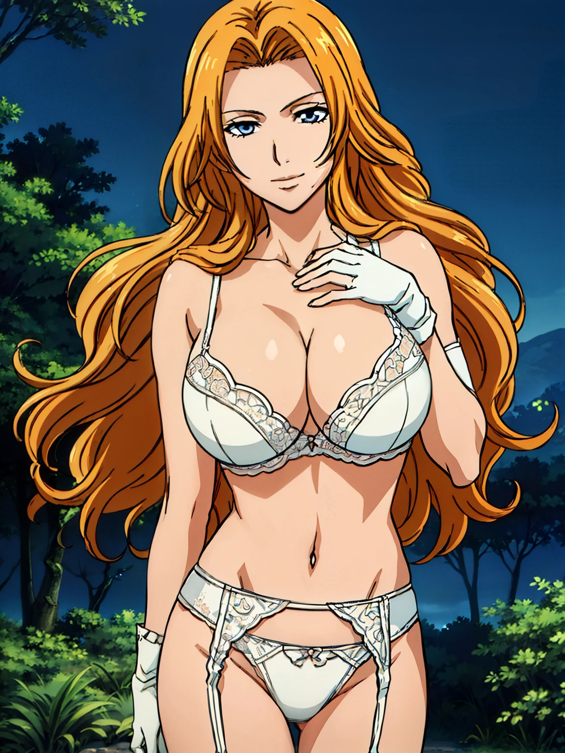 grabbing breasts pose, bare shoulder, white lace bra, white lace gloves, white lace panties, white garter belt, night forest background, matsumoto rangiku, anime cels style, best quality, high resolution, (huge breasts:1.3), cowboy shot, (potrait body), blue eyes, Blonde hair, bangs, Long hair, 1 girl, looking at viewer, beautiful face, Beautiful Finger, Beautiful long legs, Beautiful body, Beautiful Nose,Beautiful character design, light smile