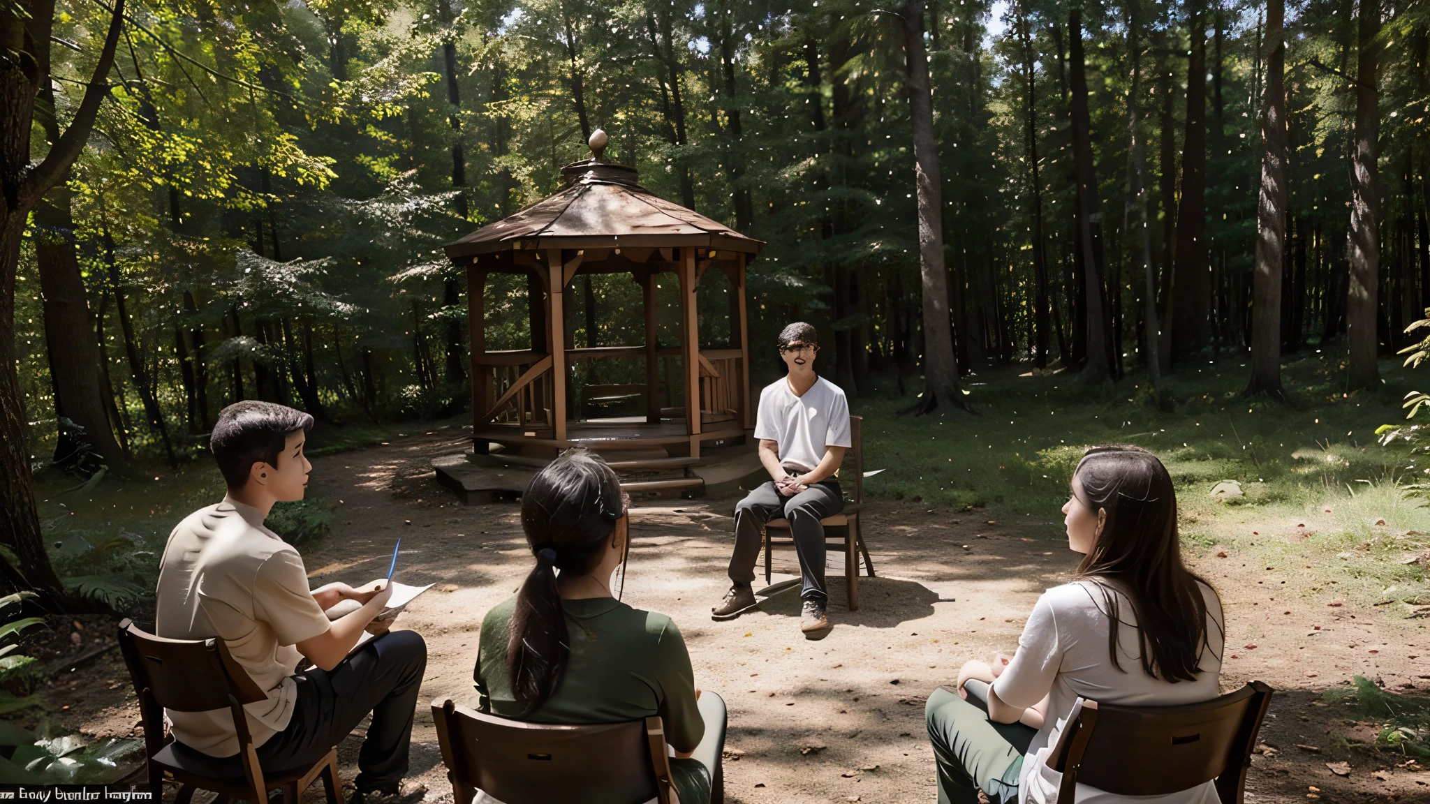 A picturesque scene unfolds: a gazebo in a forest clearing where a group of students engages in discussion under the guidance of their young and energetic teacher.
