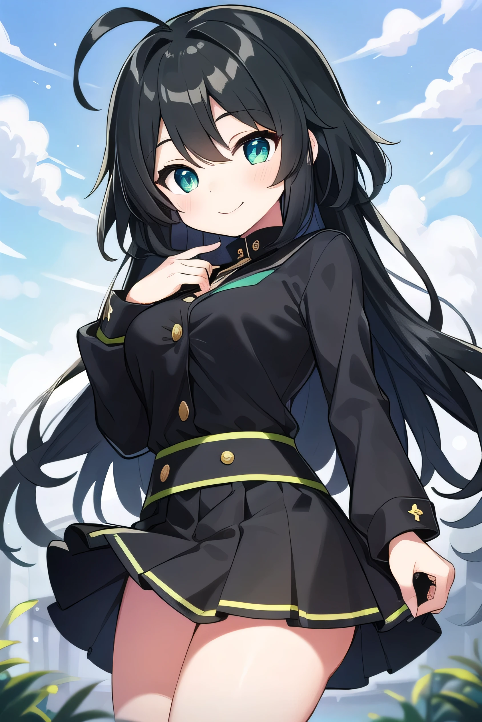 Junior high school student who looks like an elementary school student, 14 years old, very short, 140 cm tall, black hair with a slight green tinge, short ahoge, beautiful long hair but with a little hair sticking out, beautiful round eyes, blue eyes, smile, boyish, long sleeves, Thick clothes, skirt, big breasts, hair longer than waist, long hair, childish face, gentle smile, a little shy, black skirt, black hair with a slight green tinge, boyish, gentle smile, jacket one size larger, ( Deep greenish black hair: 1.3)