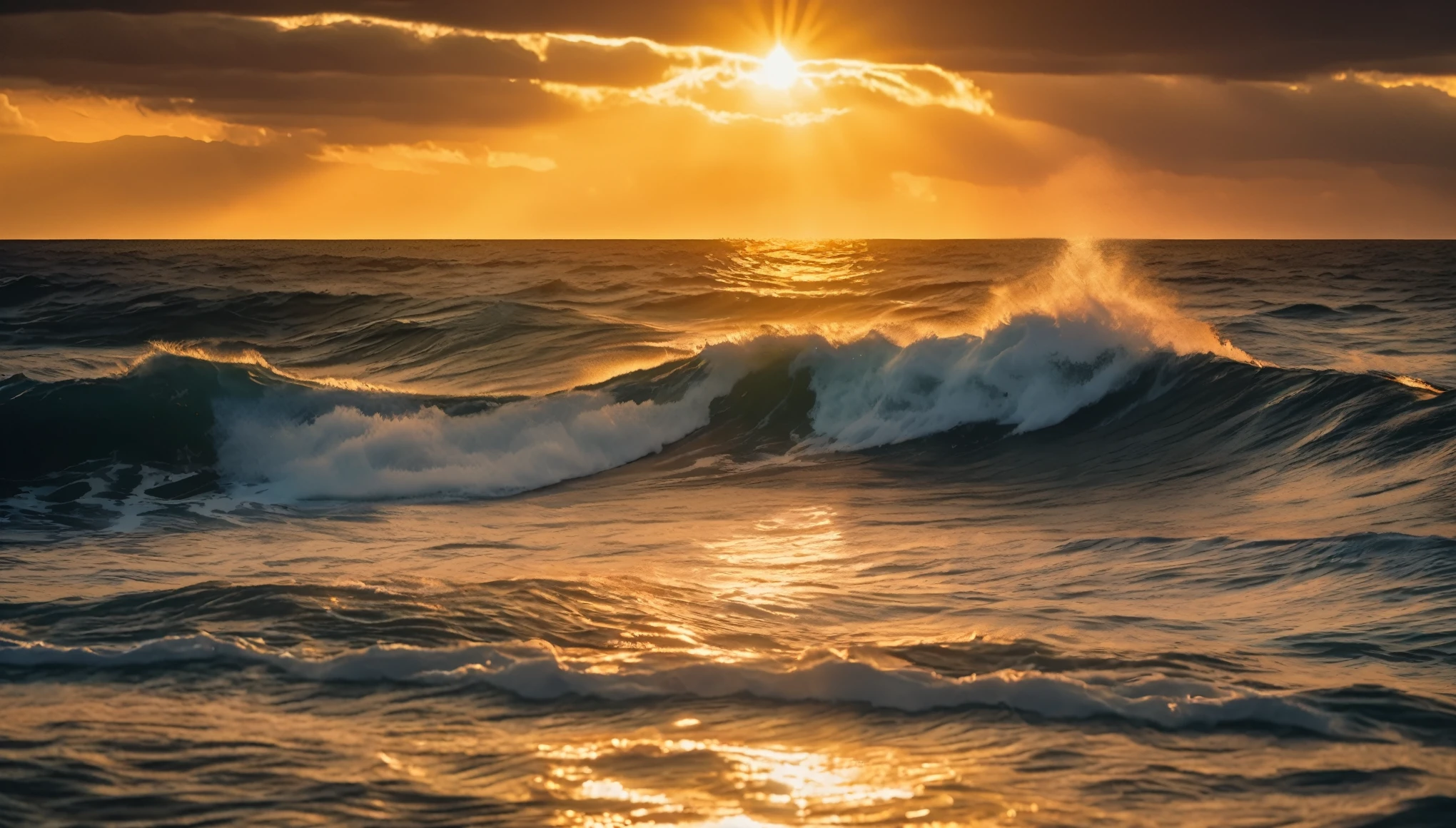 arafed view of a sunset over the majestic ocean image with big waves crashing, golden sunlight shining on the sea, beautiful ocean, big waves, shimmering light, UHD,(Best Quality),(Masterpiece Photos), (Details:1.4),(8k Highly Detailed)(Best Quality),(Best Shading)