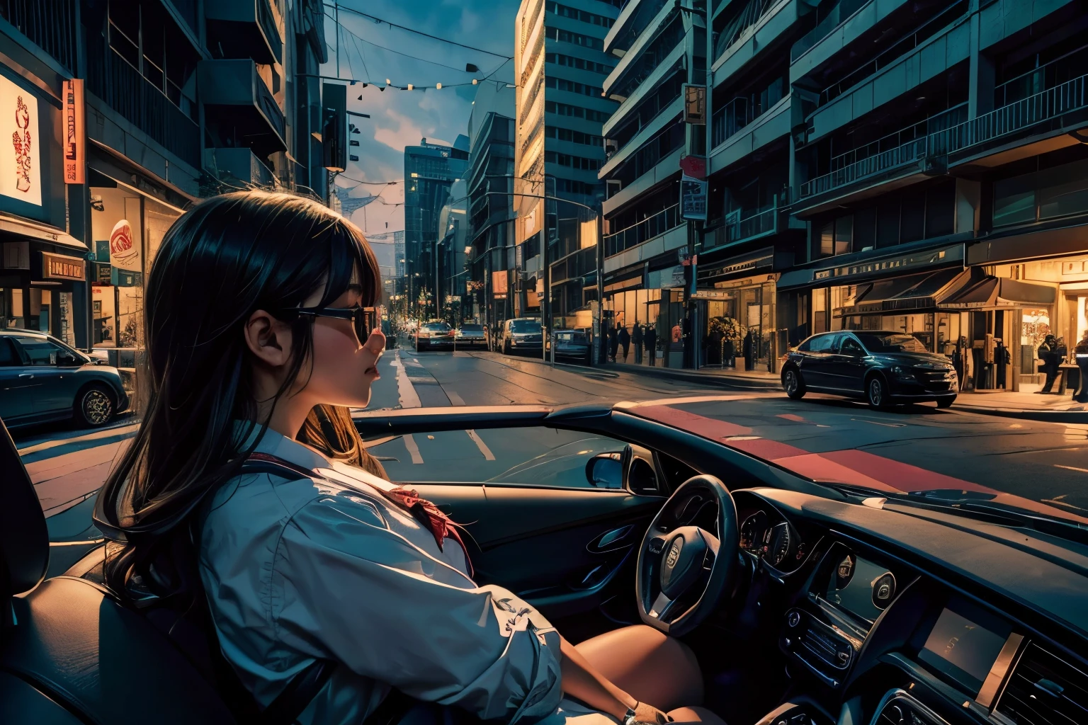 (at night),(Two persons),(girl and youngman),(two people in a car), (a foreign car), In a busy downtown area at night, while passersby are bustling about, a middle school girl in a sailor uniform is riding in a foreign car driven by a man wearing sunglasses and an Hawaiian shirt, sticking her head out of the passenger seat and looking out at the street.
