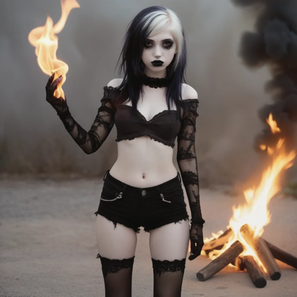Alluring undead, young emo girl, undead pouting black lips, pale skin ,empty eyes, full body view holding black fire in one hand