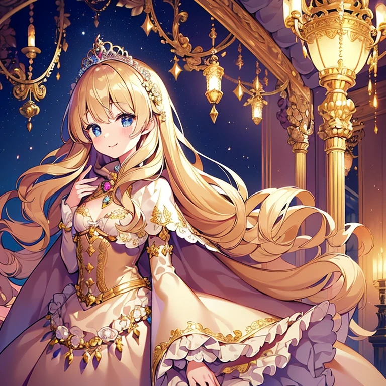 (kawaii),(best quality),(ultra detailed),(rococo style),(long train beige cape:1.15), very long cape,(long train beige ball gown with flower decorations), a girl is wearing a cape over her gown, 1  princess, tiara with blue jewelry, smile, very long hair, small breasts, beautiful detailed eyes, beautiful detailed lips