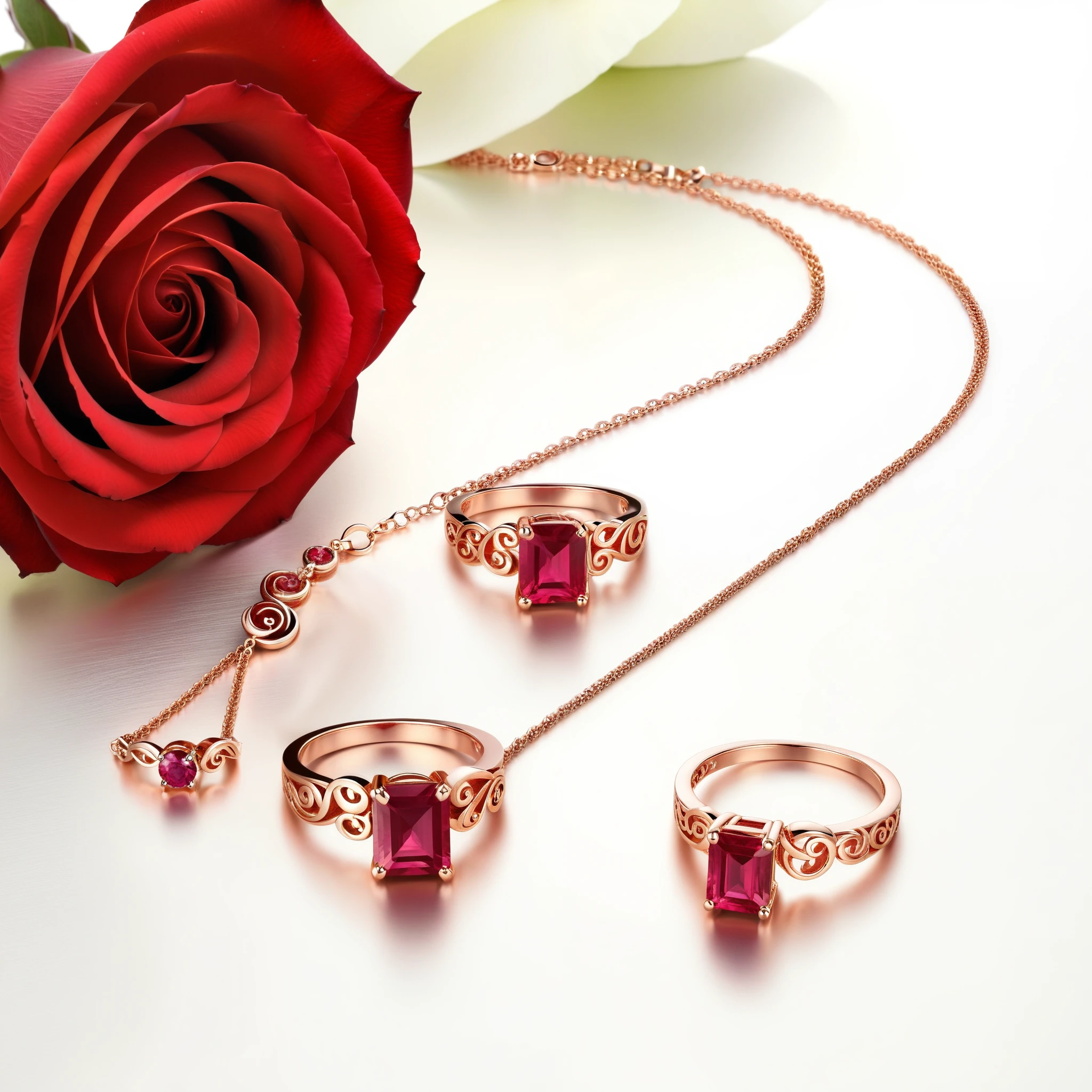 Photorealistic image showcasing a set of rose gold earrings with intricate, swirling designs and ruby inlays; a matching rose gold ring with a central ruby and swirling band; and a rose gold necklace with a ruby pendant and delicate, swirling chain.