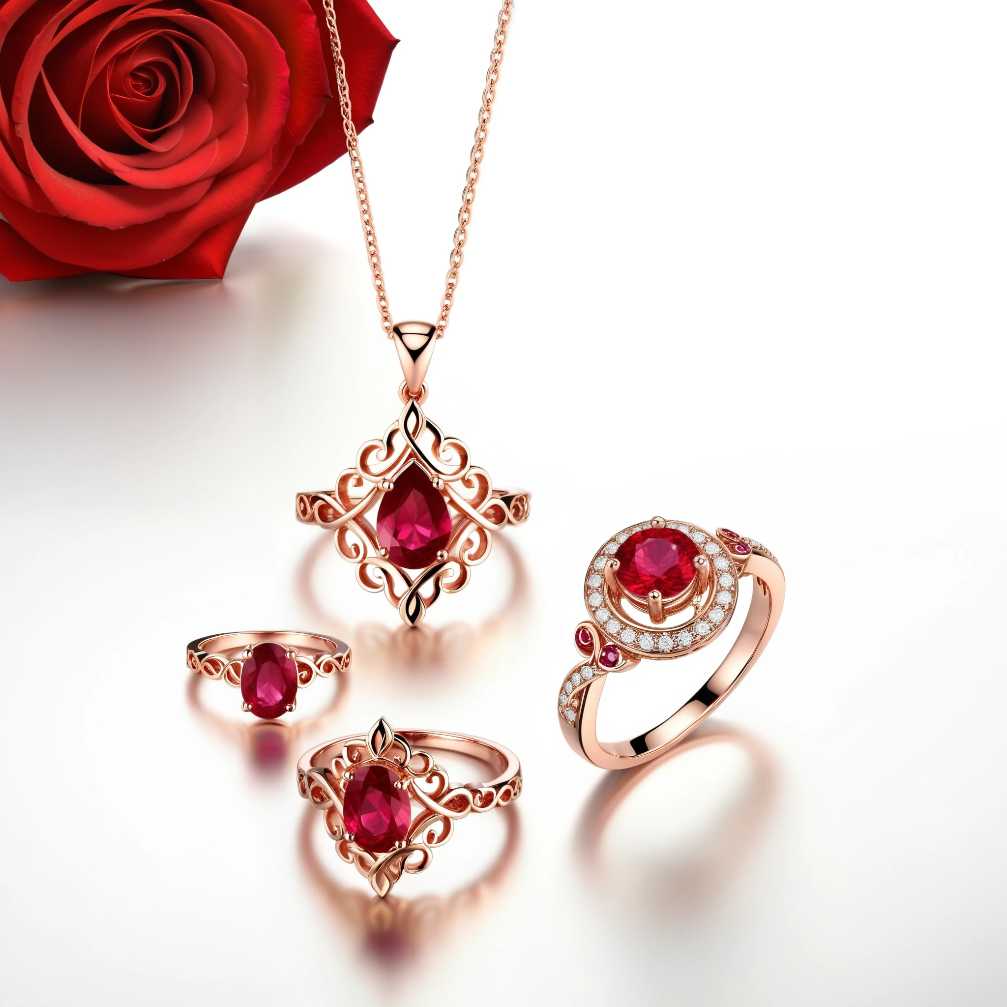 Photorealistic image showcasing a set of rose gold earrings with intricate, swirling designs and ruby inlays; a matching rose gold ring with a central ruby and swirling band; and a rose gold necklace with a ruby pendant and delicate, swirling chain.