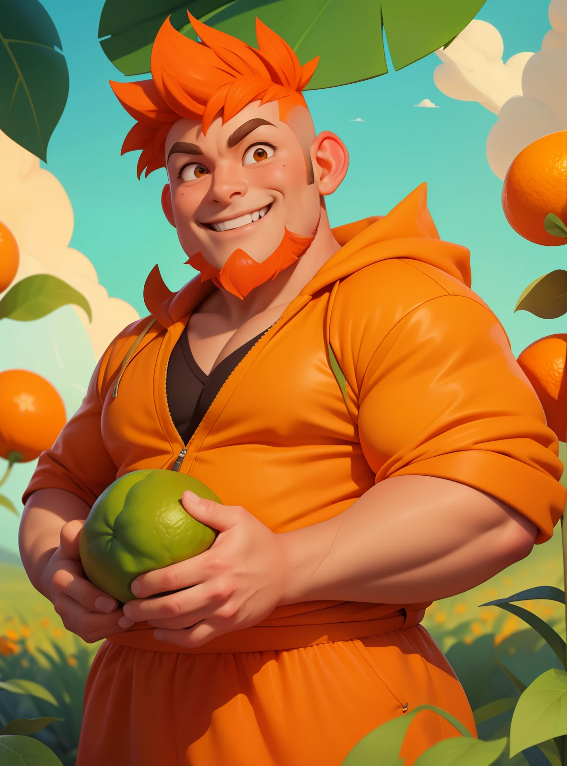 AN ADULT GAY MAN in orange smiling shaved hair and chubby with fluffy leaves and a friendly expression sticker he is in an orange field holding an orange in one hand together with his friends
