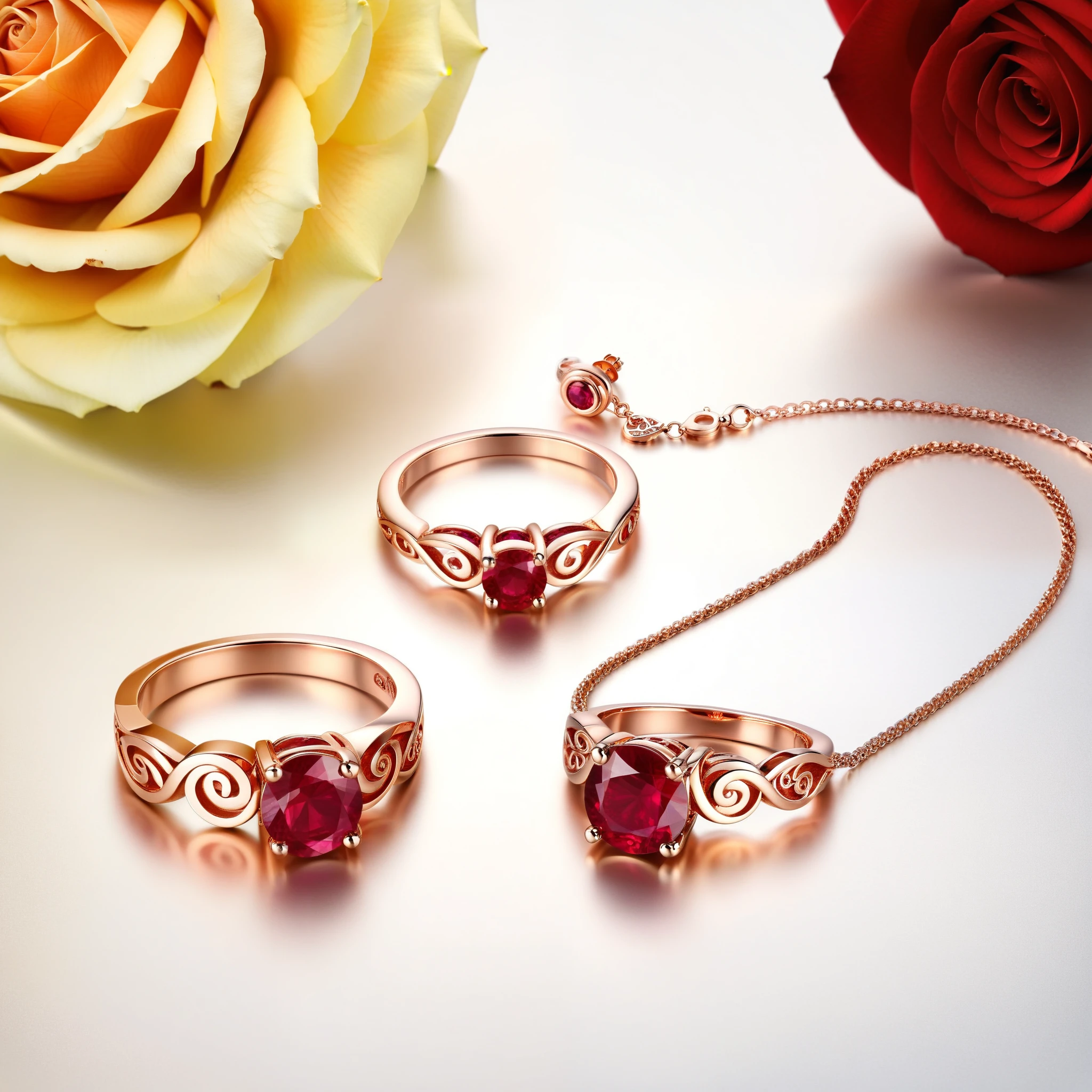 Photorealistic image showcasing a set of rose gold earrings with intricate, swirling designs and ruby inlays; a matching rose gold ring with a central ruby and swirling band; and a rose gold necklace with a ruby pendant and delicate, swirling chain.