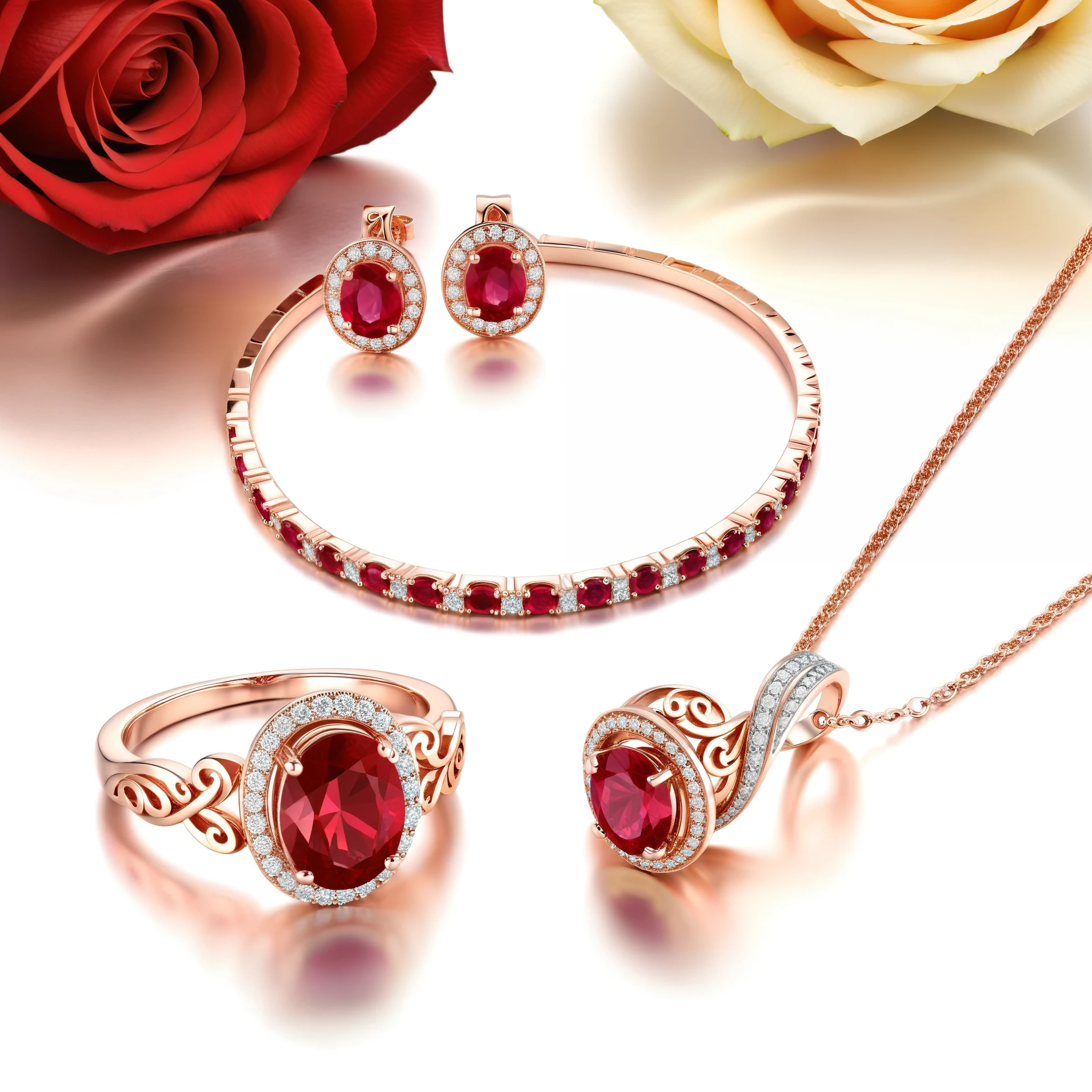 Photorealistic image showcasing a set of rose gold earrings with intricate, swirling designs and ruby inlays; a matching rose gold ring with a central ruby and swirling band; and a rose gold necklace with a ruby pendant and delicate, swirling chain.