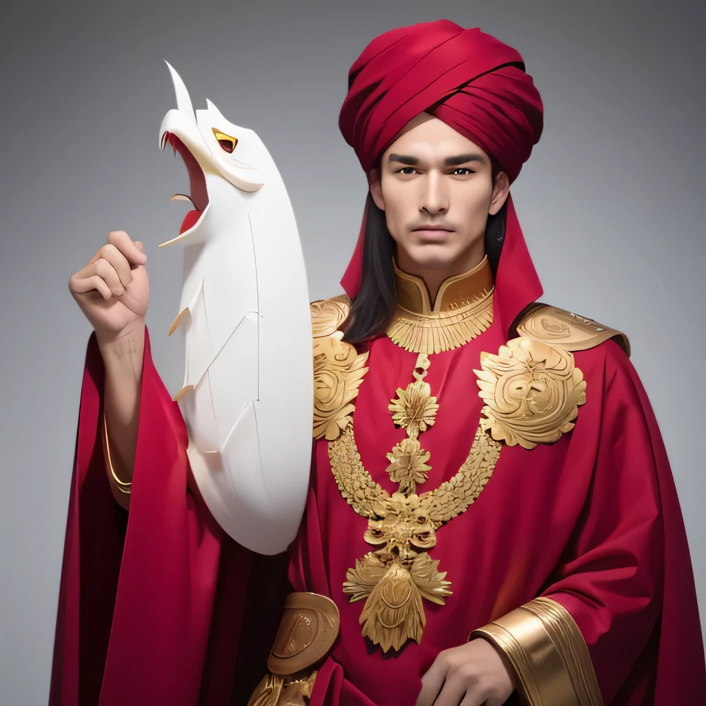 An Alafiid man holds a large white number 3 in front of a gray background, dragon,