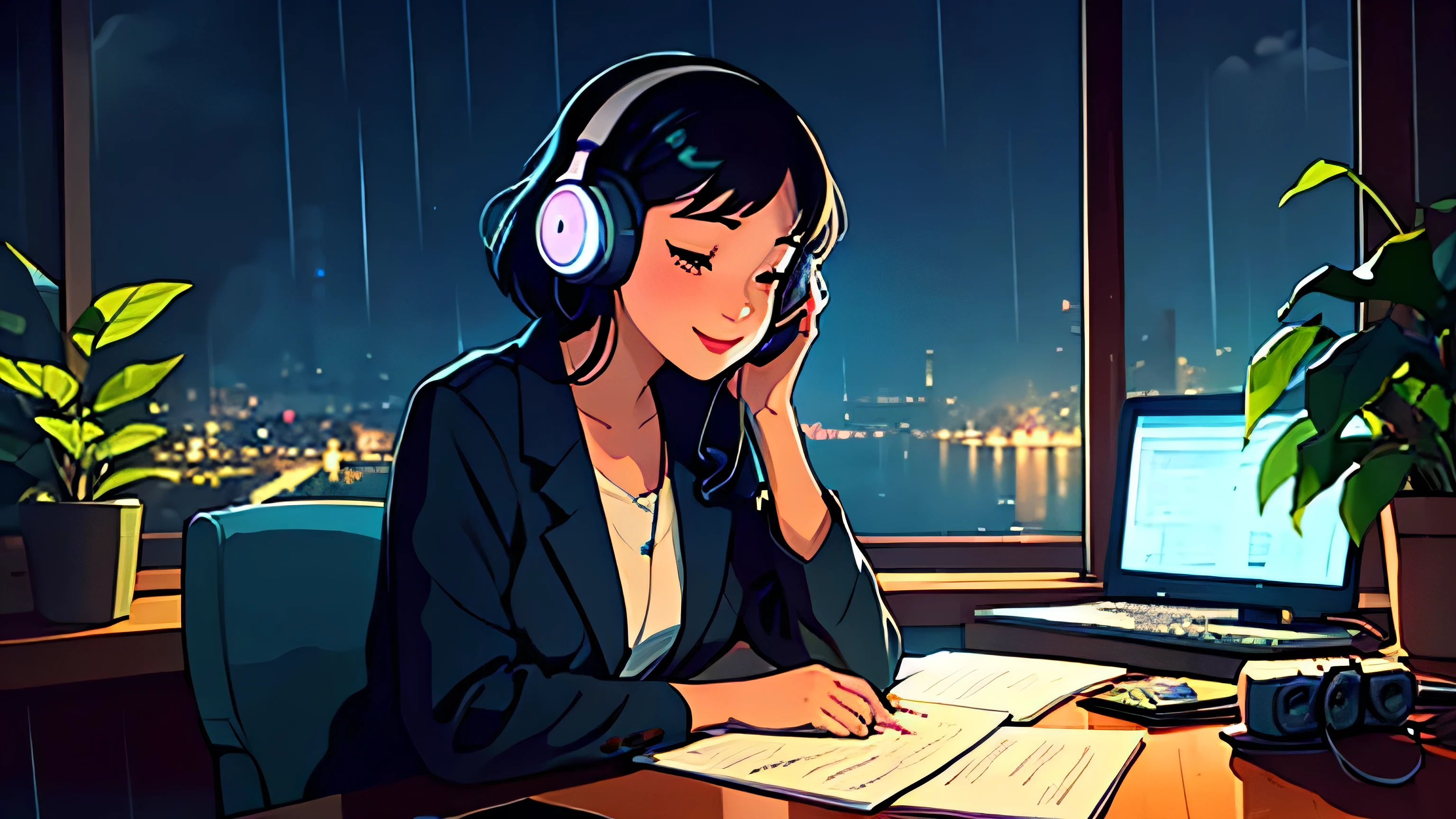 Rainy Night city. a happy girl sitting at her desk with papers besides wth a beautiful night views listening to music with headphones typing her computer on her dest with beautiful candle with lots of plants at background Lo-fi Chill vibes Lay-back atmosphere
