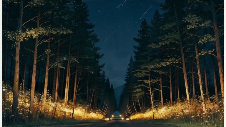 Passing through the Shakado、The slope where we wait until the evening spreads out、There are people I miss々There is a hill with swaying summer grass waiting for you. It is night and the surroundings are getting dark.。Fireflies fly to light up the darkness.。This scene、A painting-like image with a tranquil and calm atmosphere、Please generate an image