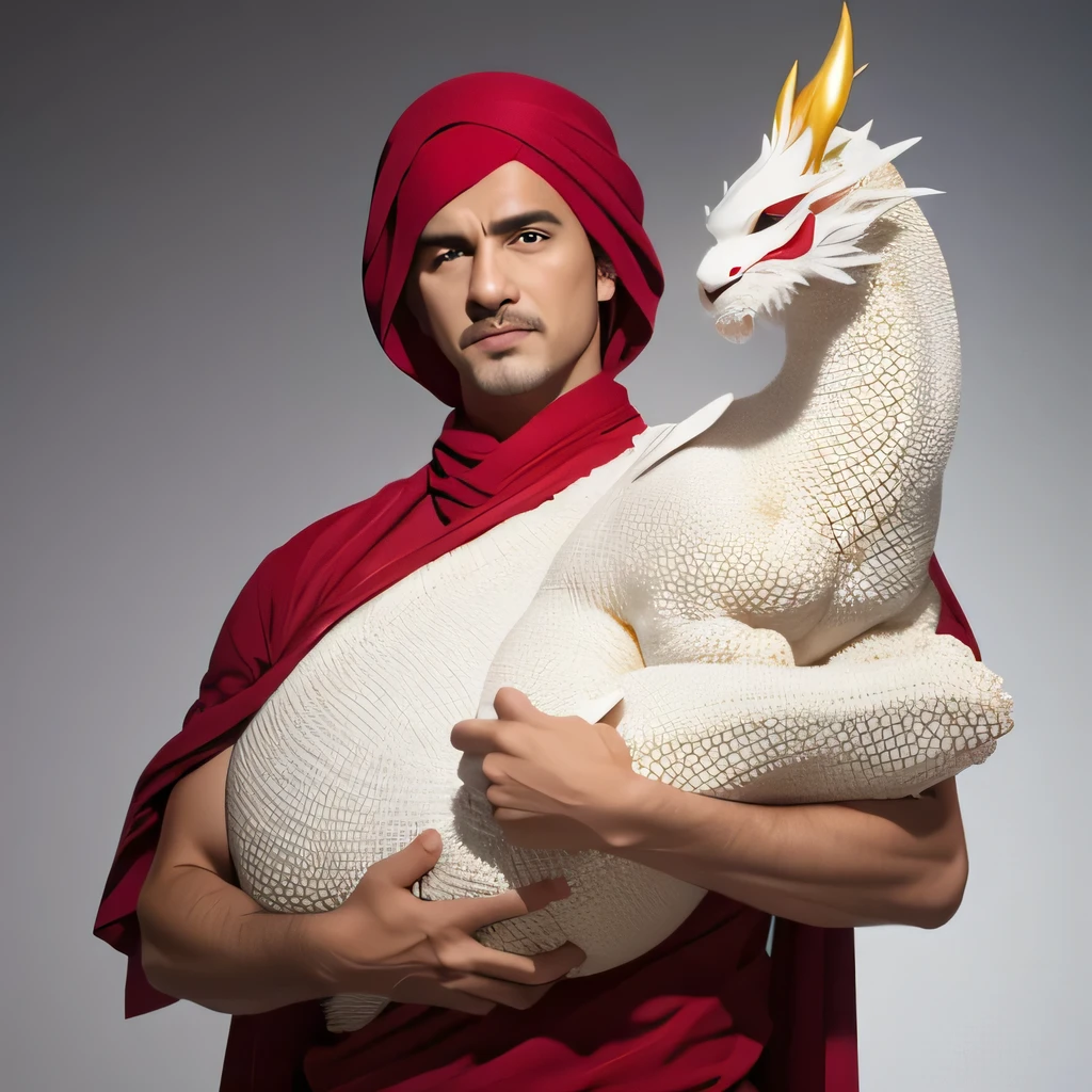 An Alafiid man holds a large white number 3 in front of a gray background, dragon,