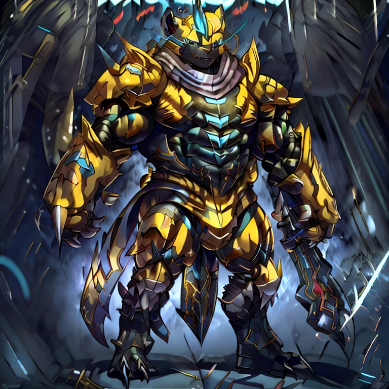 (masterpiece, best quality, detailed:1.2) (Pokémon) detailed full body, Zeraora's giant robot. Gigantic ZERAORA, GIANT. Protecting Zeraora's design and color scheme. scarf, A Zeraora at the bodybuilding competition, thunderstorm, rainy weather, lightning wears a black cloak on his back. Muscles are expanding. whole body shines like metal. Wearing cyberpunk mecha, emphasizes the muscles. He wears the same armor as himself from head to foot. (emphasizes the muscles.) suit fully made of metal, intricate armor, Robotic suit, suit fully made of metal, cyborg, big muscle. pecs, triceps, body full of huge muscles. unusually developed muscular body, A Zeraora at the bodybuilding competition, massive, huge muscular bodybuilder with extraordinary biceps, pecs, triceps, traps, gigachad, 300 lbs. The claws are sharp, Sharp teeth, with huge golden laser sword, It's big inside my panties, Armor,
Cape,
Helmet,
Sword,