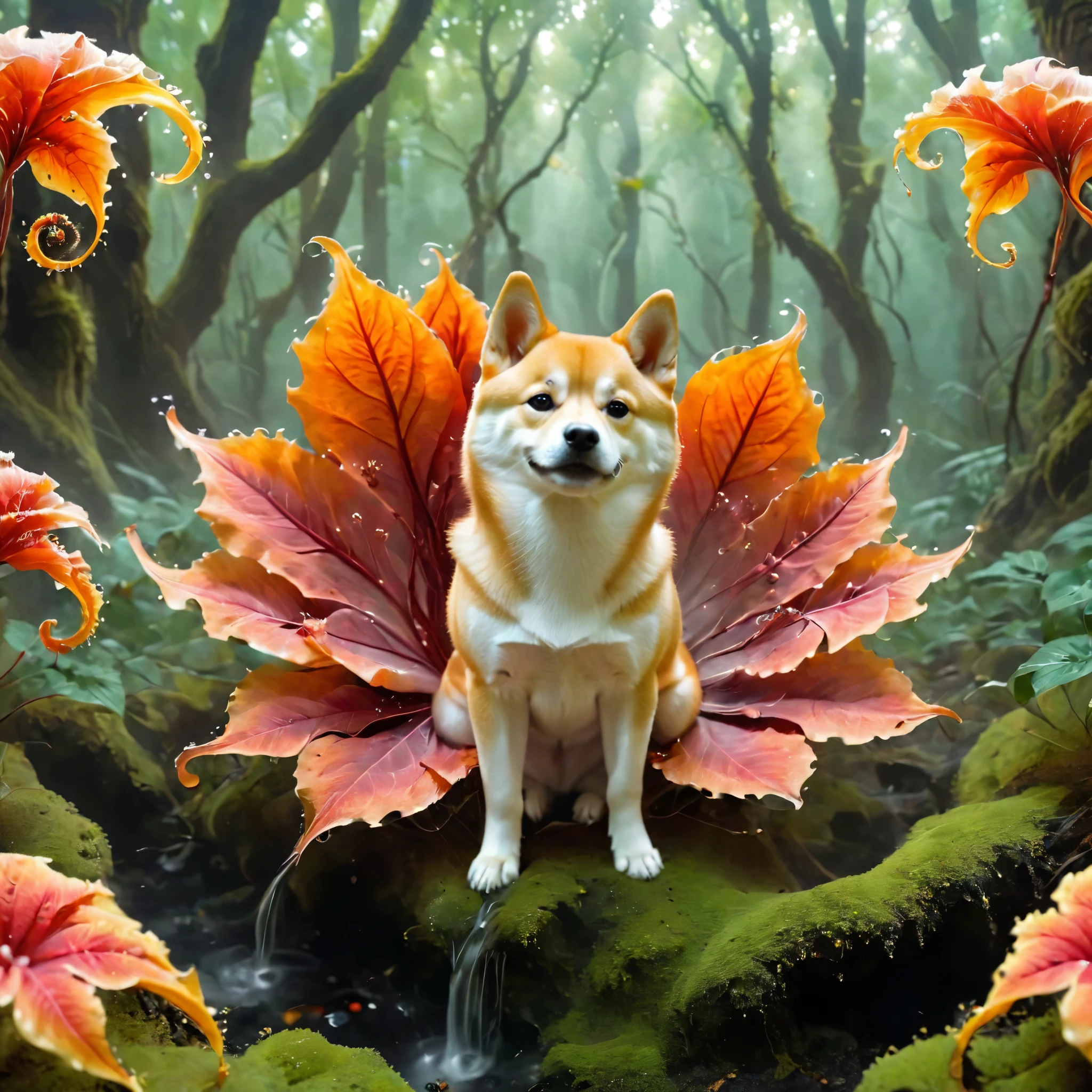  Shiba Inu，solo，in a forest，fractal leaves，ezh，flowers