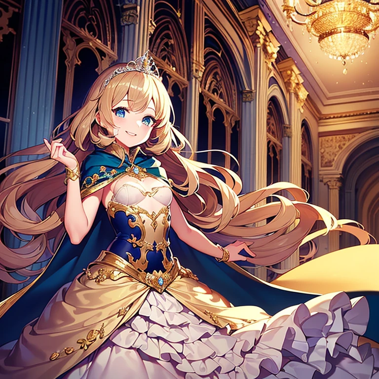 (kawaii),(best quality),(ultra detailed),(rococo style),(long train beige cape:1.15), very long cape,(long train beige ball gown with flower decorations), a girl is wearing a cape over her gown, 1 little princess, tiara with blue jewelry, smile, very long hair, small breasts, beautiful detailed eyes, beautiful detailed lips