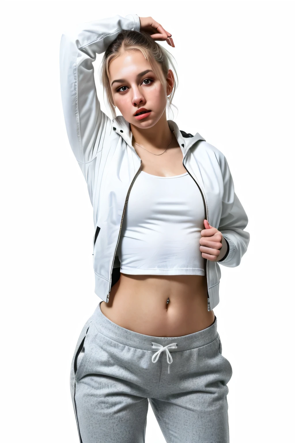 White girl dancing hiphop in jacket and trousers and white background