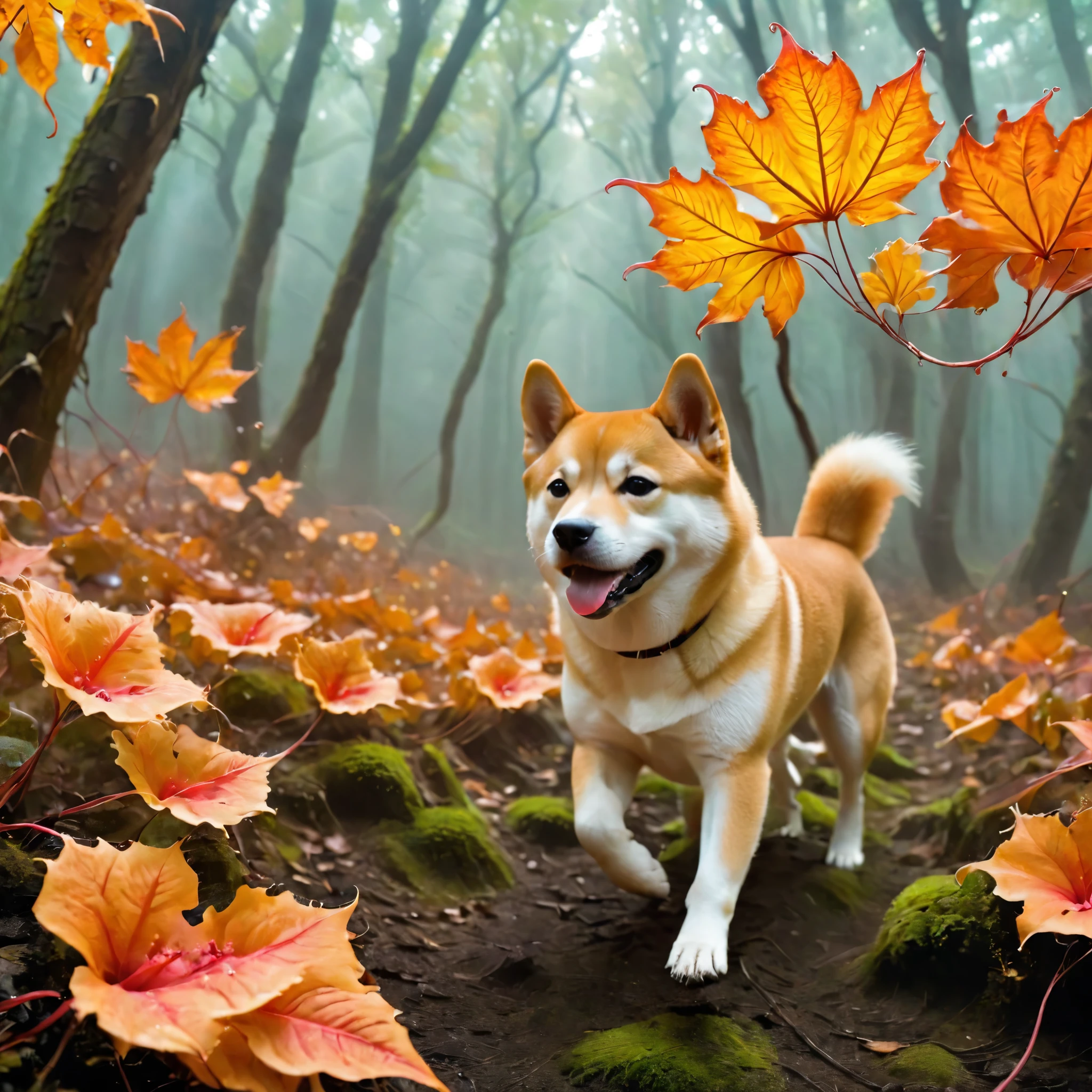  Shiba Inu，solo，in a forest，fractal leaves，ezh，flowers