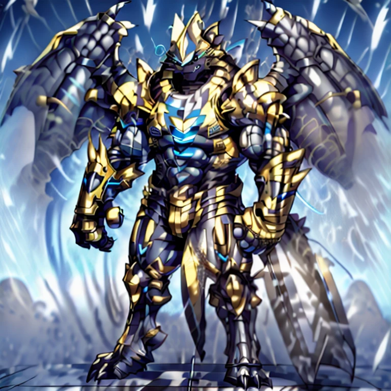 (masterpiece, best quality, detailed:1.2) (Pokémon) detailed full body, Zeraora's giant robot. Gigantic ZERAORA, GIANT. Protecting Zeraora's design and color scheme. scarf, A Zeraora at the bodybuilding competition, thunderstorm, rainy weather, lightning wears a black cloak on his back. Muscles are expanding. It has wings. whole body shines like metal. Wearing cyberpunk mecha, emphasizes the muscles. He wears the same armor as himself from head to foot. (emphasizes the muscles.) suit fully made of metal, intricate armor, Robotic suit, suit fully made of metal, cyborg, big muscle. pecs, triceps, body full of huge muscles. unusually developed muscular body, A Zeraora at the bodybuilding competition, massive, huge muscular bodybuilder with extraordinary biceps, pecs, triceps, traps, gigachad, 300 lbs. The claws are sharp, Sharp teeth, with huge golden laser sword, It's big inside my panties