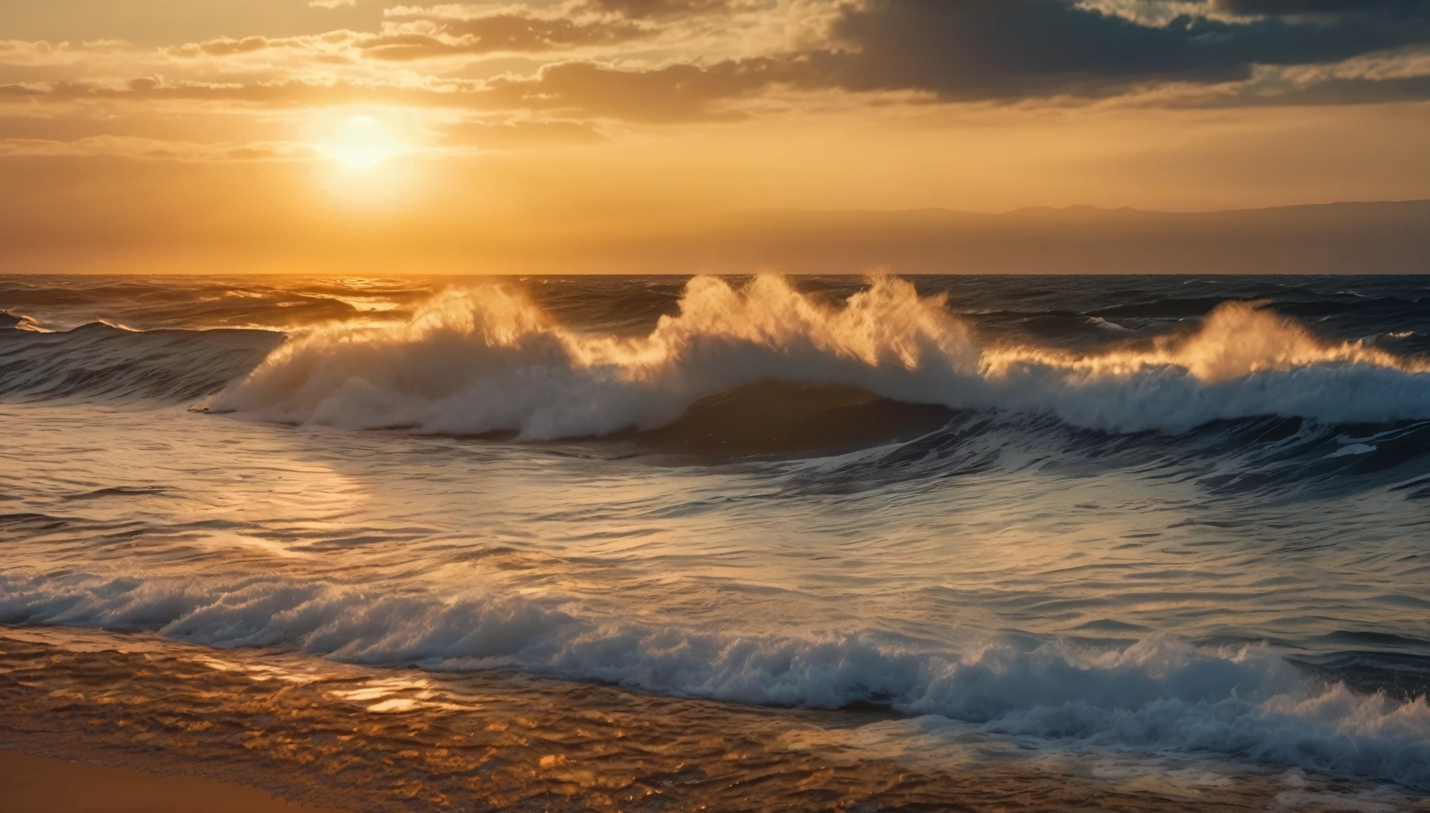 arafed view of a sunset over the majestic ocean image with big waves crashing, golden sunlight shining on the sea, beautiful ocean, big waves, shimmering light, UHD,(Best Quality),(Masterpiece Photos), (Details:1.4),(8k Highly Detailed)(Best Quality),(Best Shading)