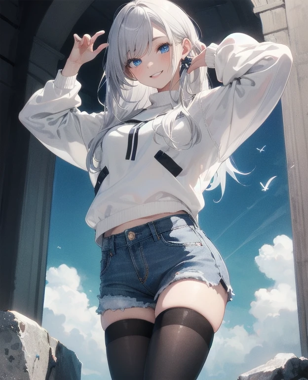 (Masterpiece, Best quality, ultra high resolution), 1 girl, Silver hair, Pale skin, Beautiful detailed face, Detailed eyes, posing on a, On a white background, Dynamic lighting, dynamic shadowing, looki at viewer,White stone punk fashion,(Posing for a photo),((White clothes)), (((black thigh highs))), jean shorts, skirt, white sweater, ((Blue eyes)), happy, smiling