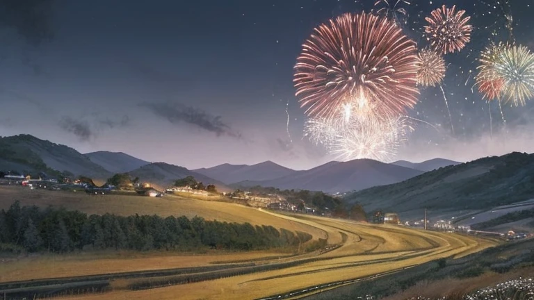 Passing through the Shakado、The slope where we wait until the evening spreads out、There are people I miss々There is a hill with swaying summer grass waiting for you. It is night and the surroundings are getting dark.。Beautiful fireworks are going up to light up the darkness.。This scene、A painting-like image with a tranquil and calm atmosphere、Please generate an image