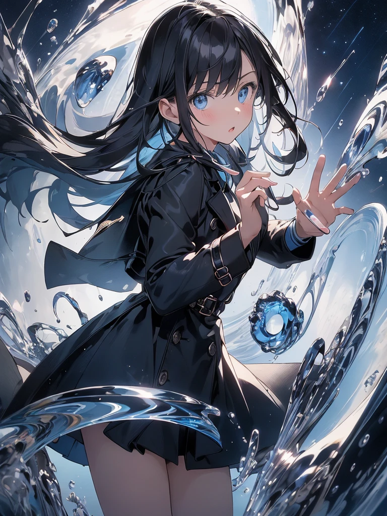 (best quality,masterpiece:1.2),1girl, trench coat, expressive face, bright blue eyes, gazing at the viewer, black hair, closed lips, dress shirt, black skirt, waving hand at the viewer, (reducing blue light, swirling blue glass fragments in the background, floating objects, night sky)