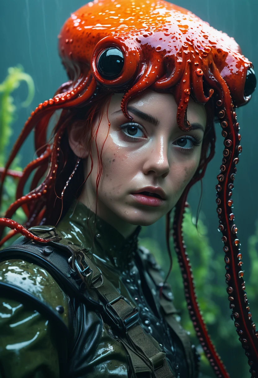 8K, ARTISTIC photogrAphy, best quAlity, mAsterpiece: 1.2), A (potrAit:1.2)  witch BLOOD  Cthulhu SOLDIER, EYES, BLACK many octopus style tentacles, full body RAW candid cinema, red hair, 16mm, color graded portra 400 film, remarkable color, ultra realistic, sad admosphere, dark lighting, oppressive atmosphere, depressive colors, kodak portra 400, photograph,r, Natural Light, Pinhead lighgts, blur reflection, Brush Strokes, Smooth, abstract, Splatter, Oil On Canvas, rainbow colors, fractal isometrics details bioluminescens : a stunning realistic photograph of wet bone structure, 3d render, octane render, intricately detailed, titanium decorative headdress, cinematic, trending on artstation | Isometric | Centered