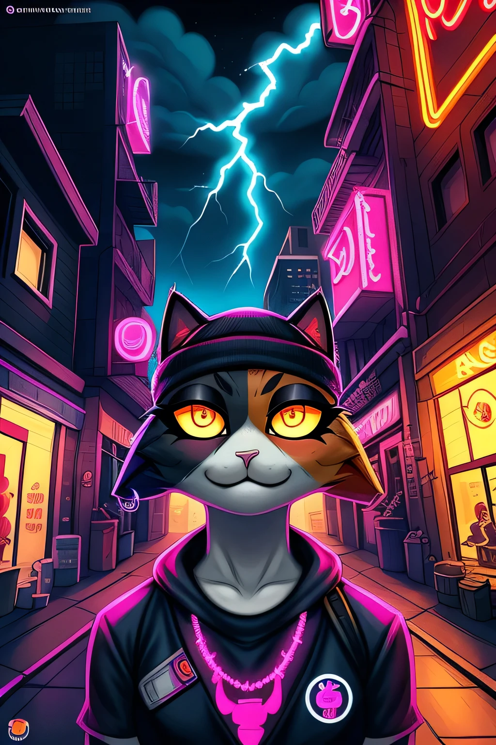 1 girl, portrait, meowskulls, solo, black  fur, detailed lightning, (masterpiece), city background,  33 club logo in neon