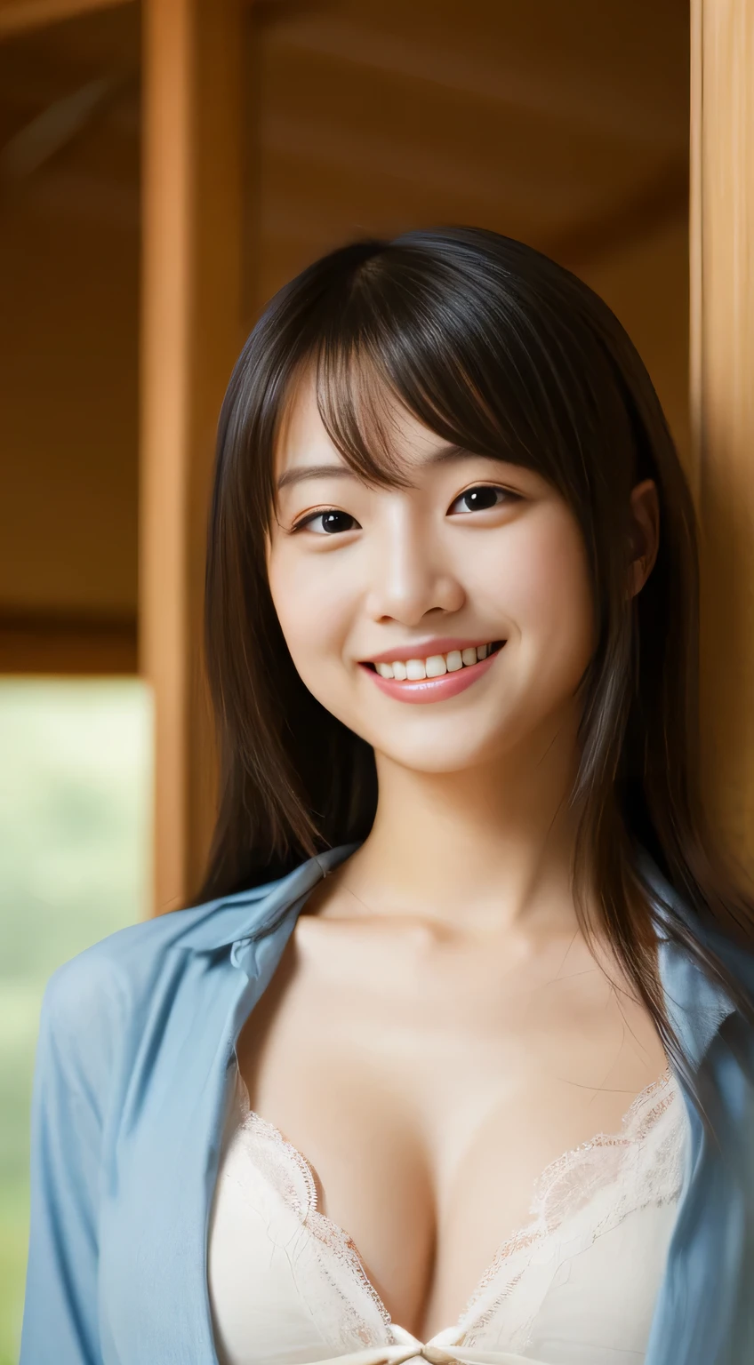 masterpiece,best quality,(Japanese ),((Beautiful girl)),cleavage,indoor,(perfect body beauty:1.2),(shy smile),beautiful teeth,