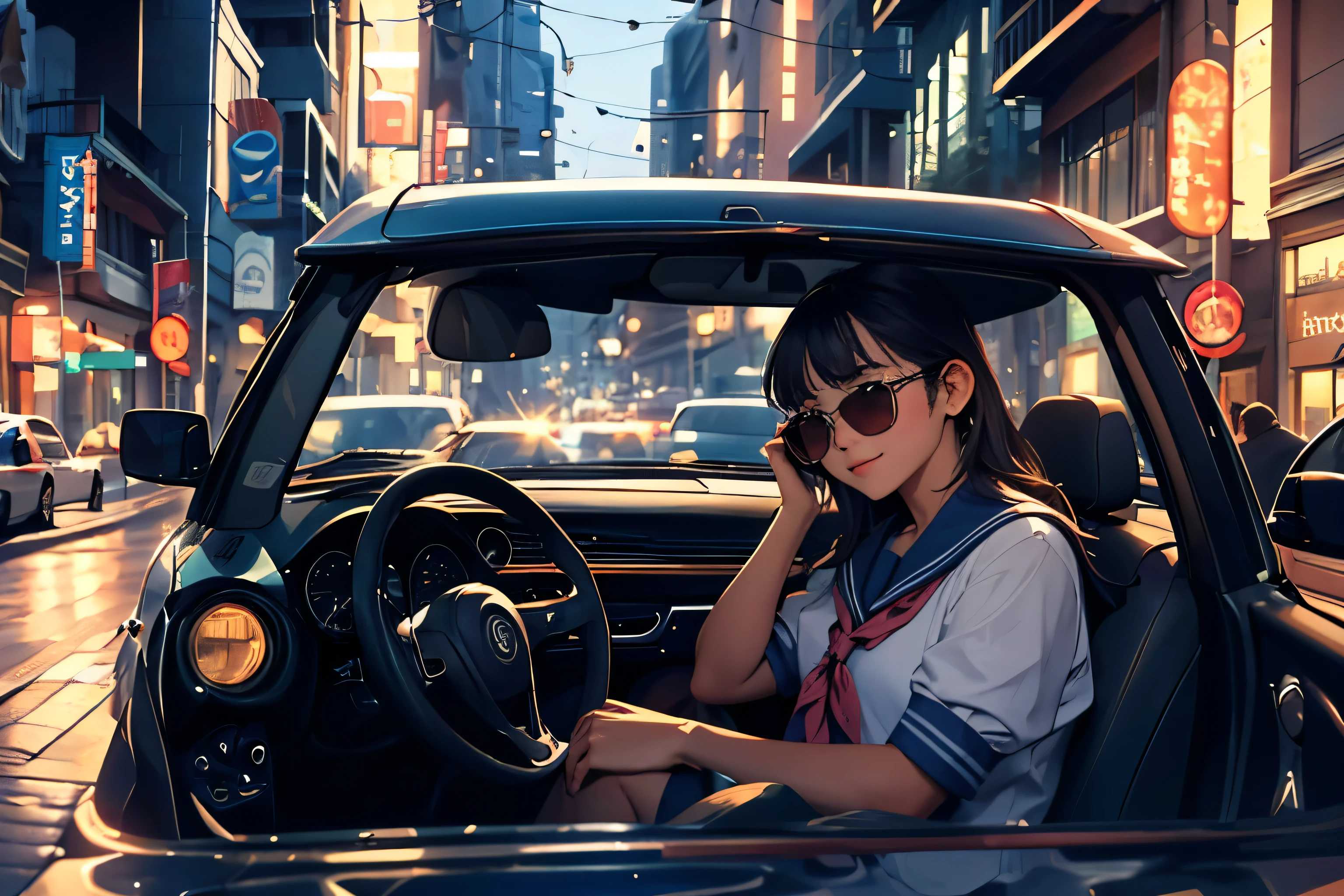 (at night),(Two persons),(girl and youngman),(two people in a car), (a foreign car), In a busy downtown area at night, while passersby are bustling about, a girl in a sailor uniform is riding in a foreign car driven by a man wearing sunglasses and an Hawaiian shirt, sticking her head out of the passenger seat and looking out at the street.