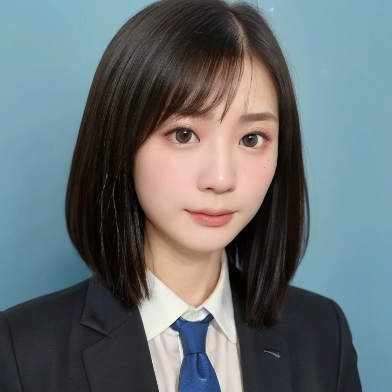 (kawaii 24 year-old Japanese girl, Nogizaka idol, Korean idol), (glossy black hair, short bob cut, aligned and symmetric hair design:1.3), (pure black eyes, rounded face, single eyelid, no makeup, serious expression:1.2), (wearing suit jacket, collared shirt, necktie:1.3), (extra small breasts:0.9), (looking at viewer:1.2), BREAK, (simple blue background, yearbook background:1.3), (portrait, id photo, bust shot, view from vertically straight forward:1.3), (enough top margin to avoid head cropping:1.3), BREAK, (masterpiece, best quality, photo realistic, official art:1.4), (UHD, 8K quality wallpaper, high resolution, raw photo, golden ratio:1.3), (shiny skin), professional lighting, physically based rendering, award winning, (highly detailed skin, extremely detailed face and eyes), Carl Zeiss 85 mm F/1.4, depth of field, 1girl, solo,