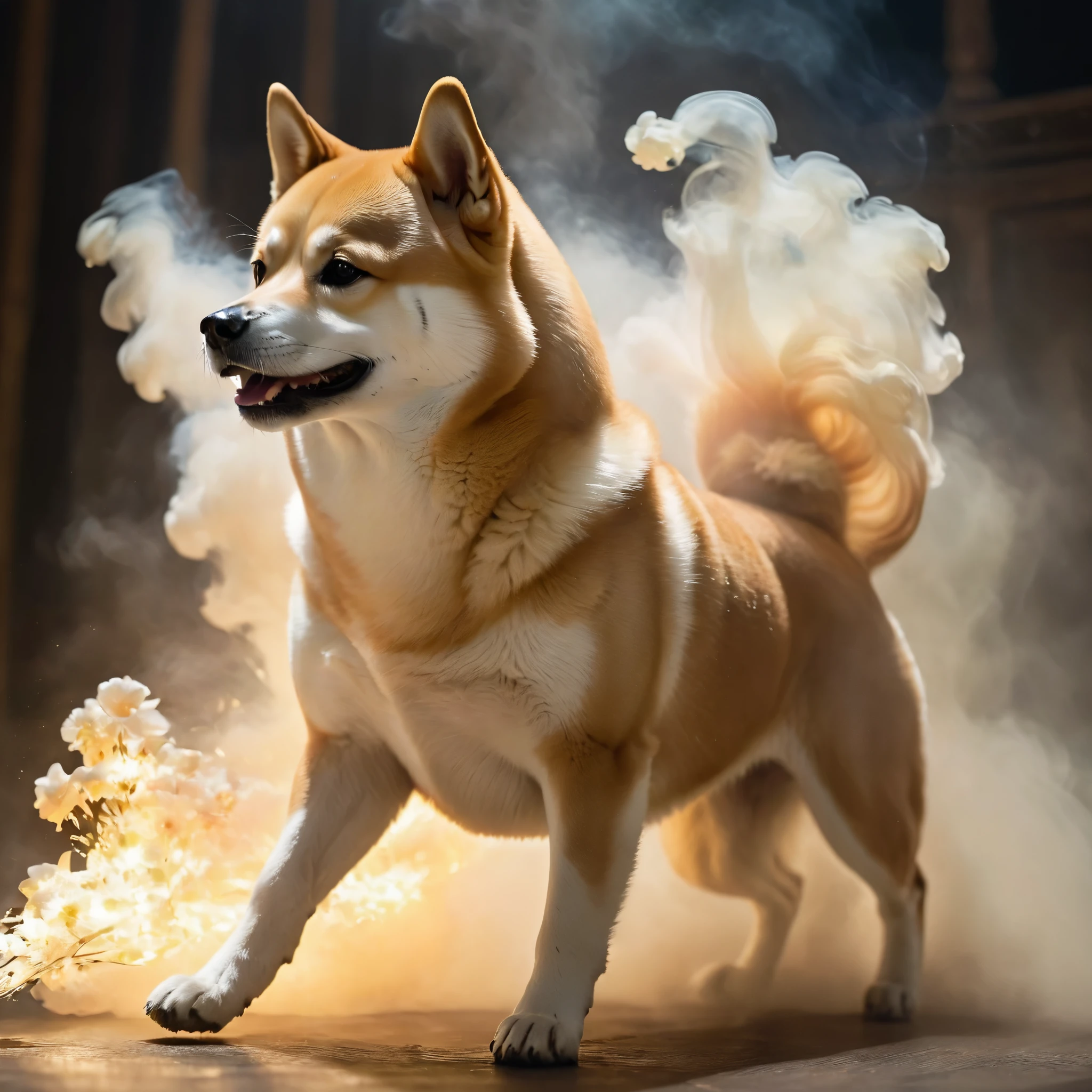 A Shiba Inu，side view，Running in the smoke,  epic ， theatricality and mystique  ，Otherworldly ，Awesome ，Clever use of light and shadow，Adds depth and drama to the scene., Involve the audience in a dark and elegant narrative. This masterpiece, Created by the famous painter Gustav Klimt, Delve deep into the realms of fantasy and mythology, Inviting viewers to explore the complexity of beauty, strength, Anatomically correct，ezh，Fantasy，plant，flower，fear