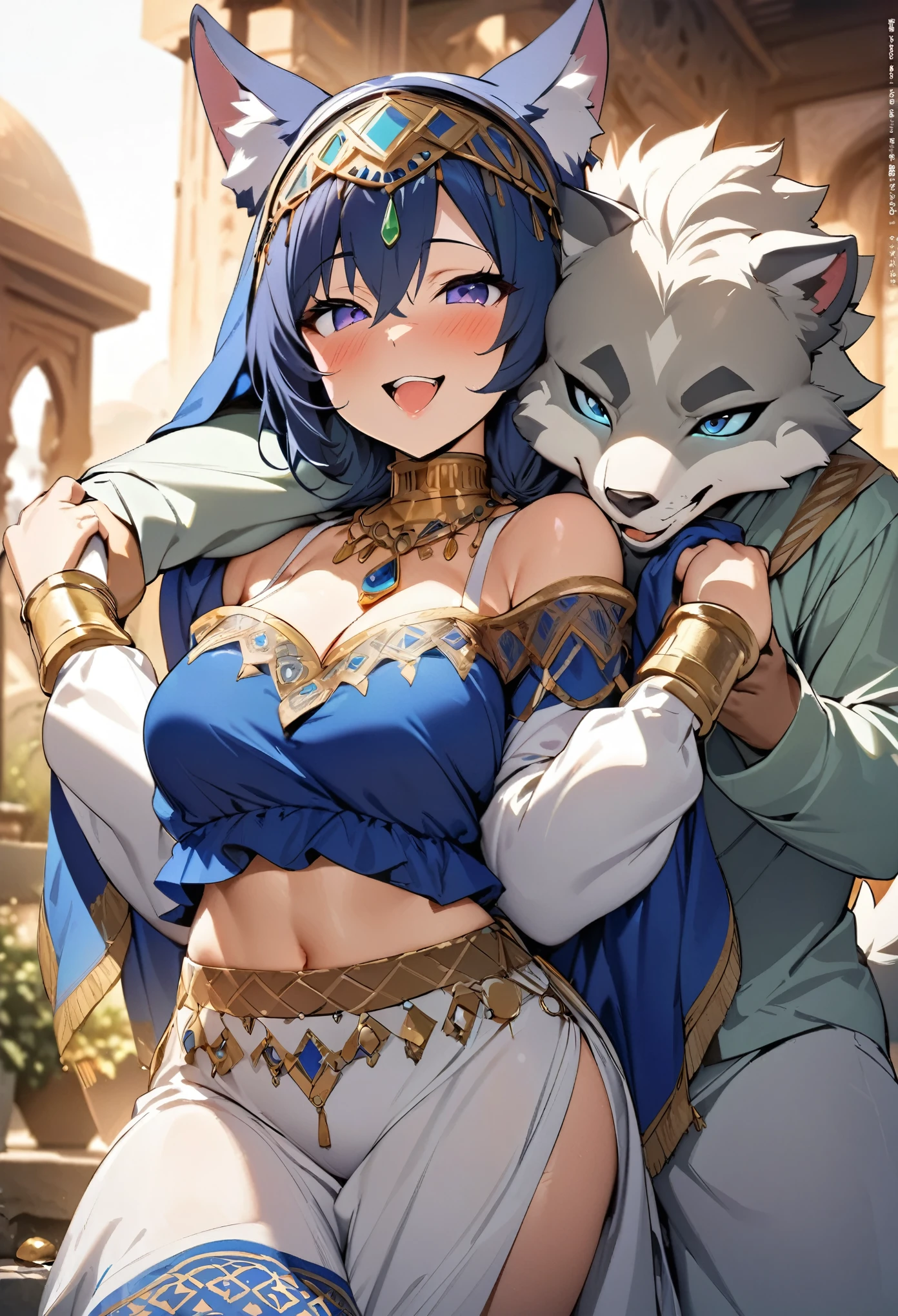 doujinshi cover page, highres, top quality, best quality, paid reward available, unparalleled masterpiece, perfect artwork, absurdres, High-quality illustrations, super high resolution, detailed background, perfect ???????(1girl, 1boy, couple, kemono, furry anthro, fearless smile, Arab national costume, hugs from behind, love romance)Aladdin and the magic lamp,