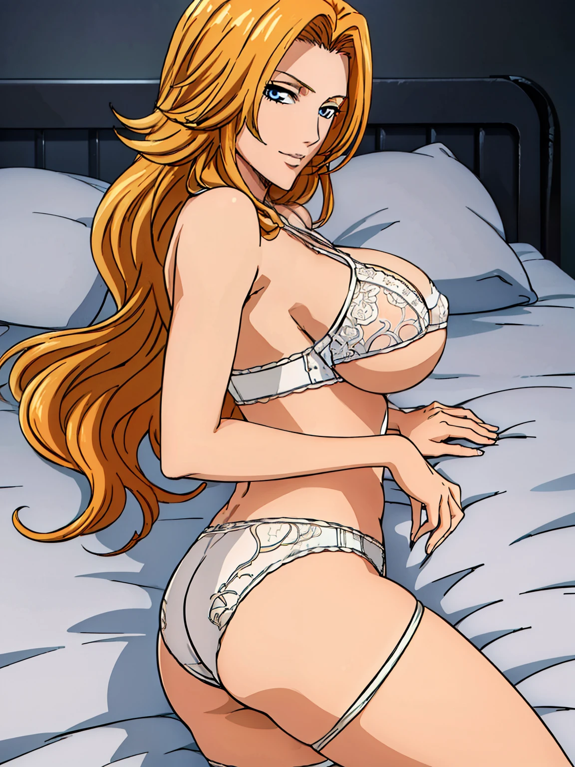 (lying, on side), focus on ass, bare shoulder, white lace bra, white lace panties, white garter belt, luxury bedroom background, matsumoto rangiku, anime cels style, best quality, high resolution, (huge breasts:1.3), cowboy shot, (potrait body), blue eyes, Blonde hair, bangs, Long hair, 1 girl, looking at viewer, beautiful face, Beautiful Finger, Beautiful long legs, Beautiful body, Beautiful Nose,Beautiful character design, light smile